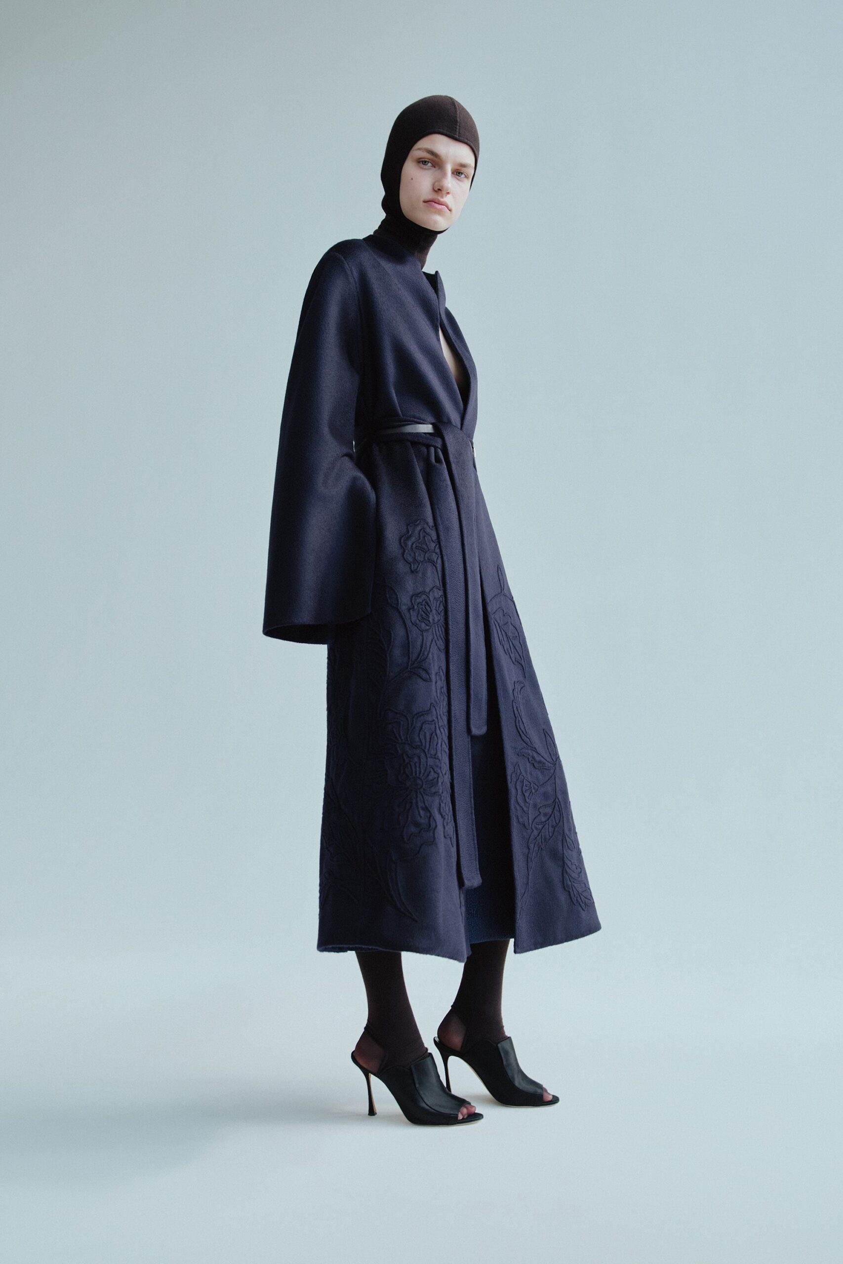 blue wool long-sleeve collared relaxed embroidered maxi coat