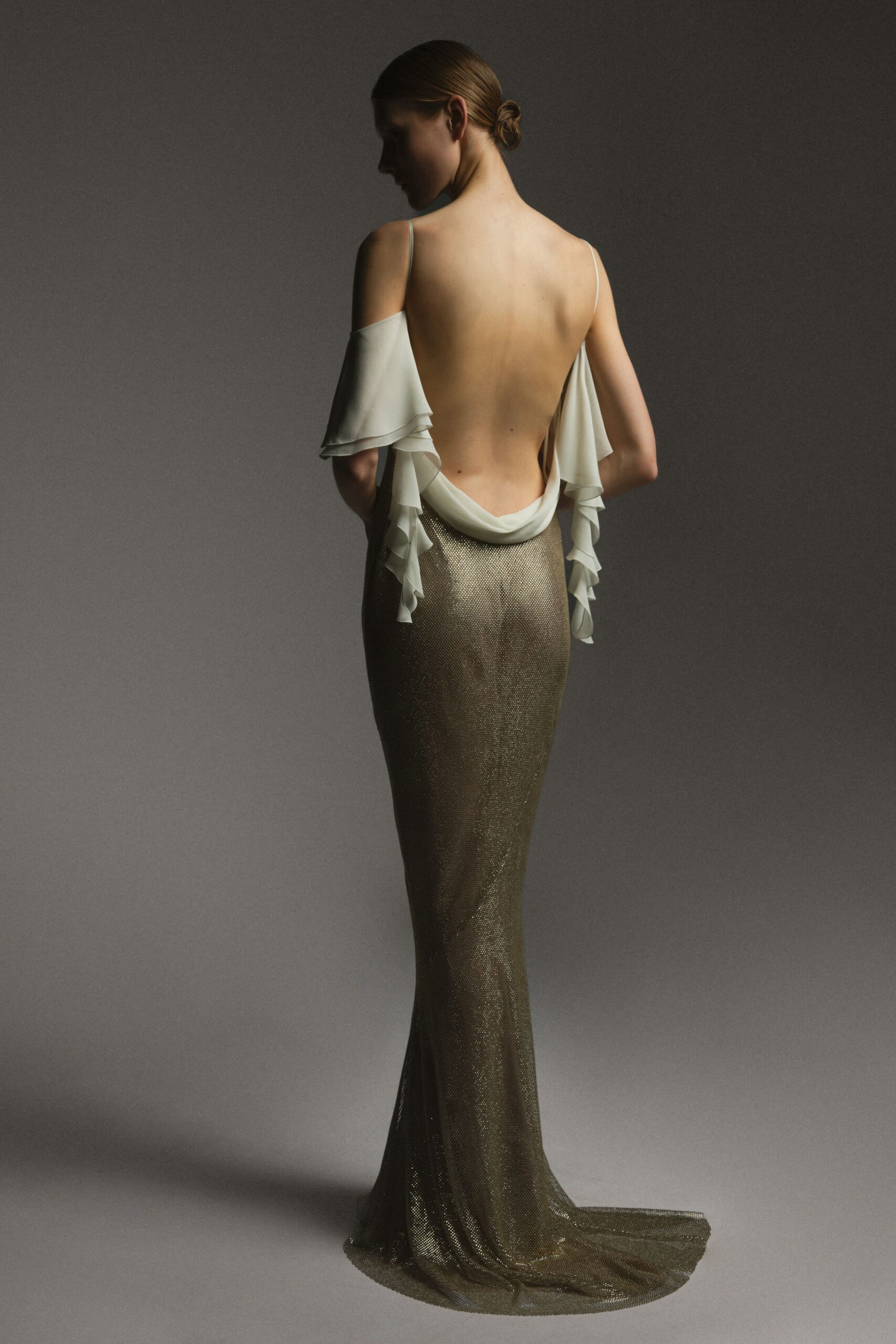 gold silk backless gown