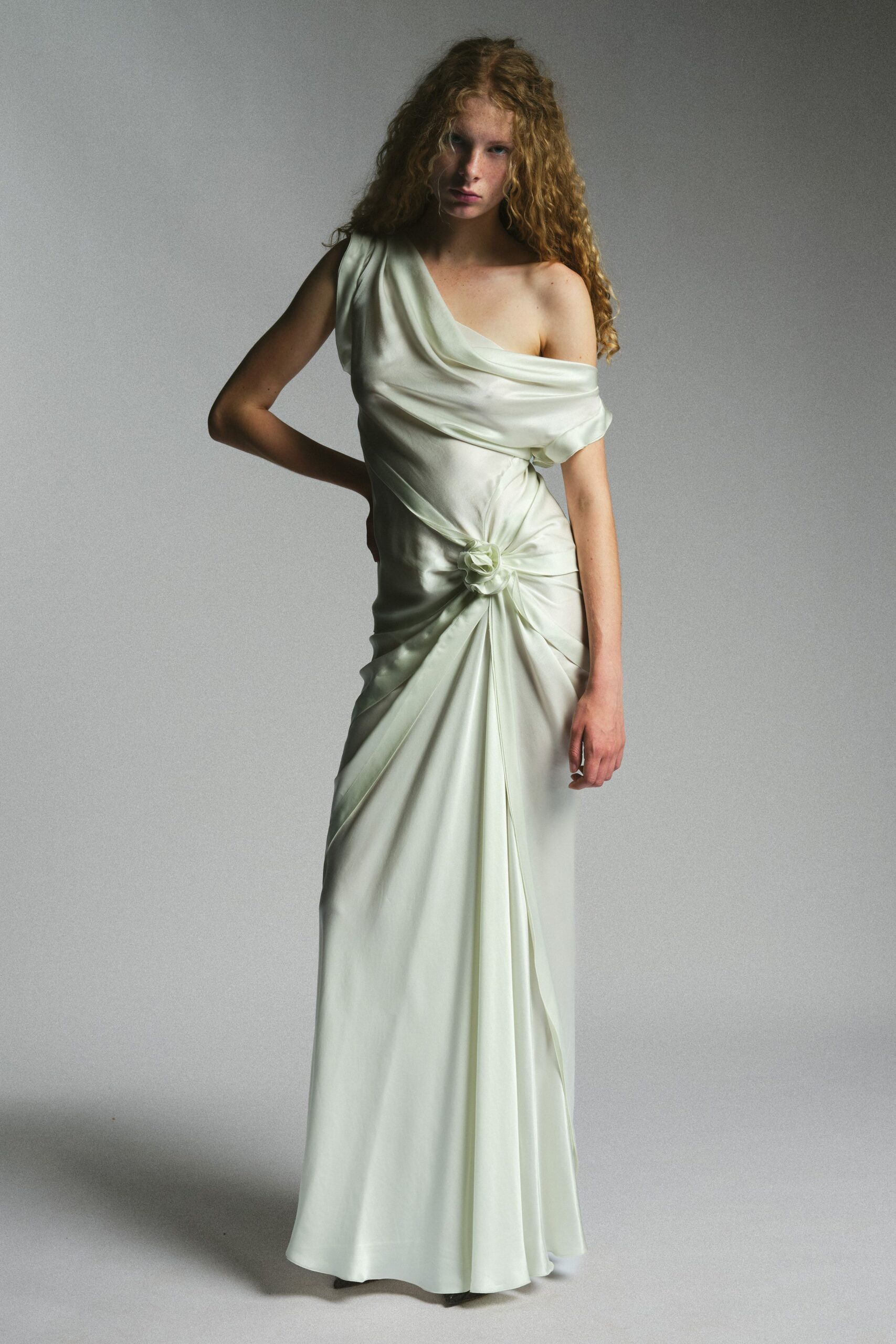 ivory silk off-shoulder gown