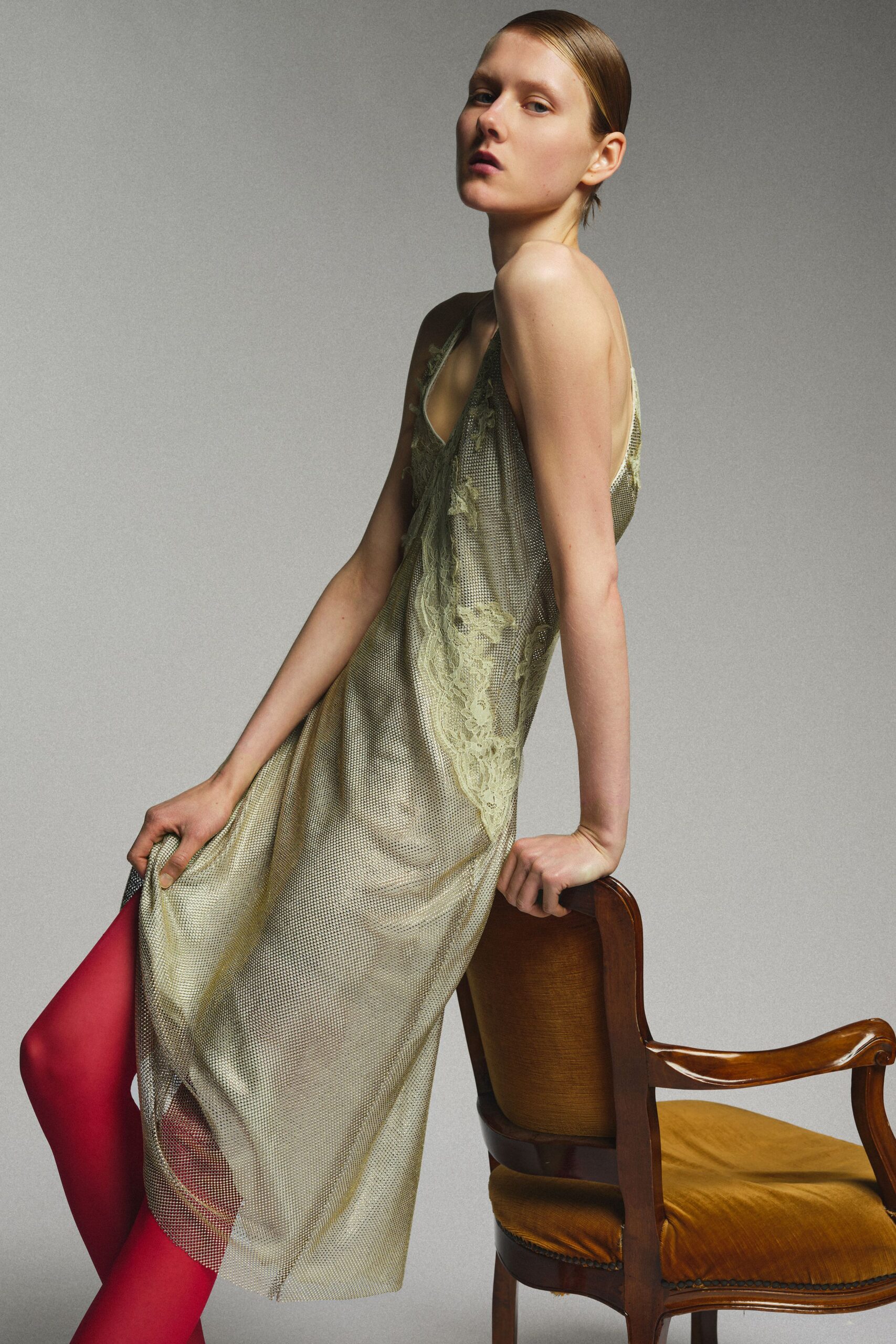 gold silk sleeveless v-neck fitted embroidered sheer dress