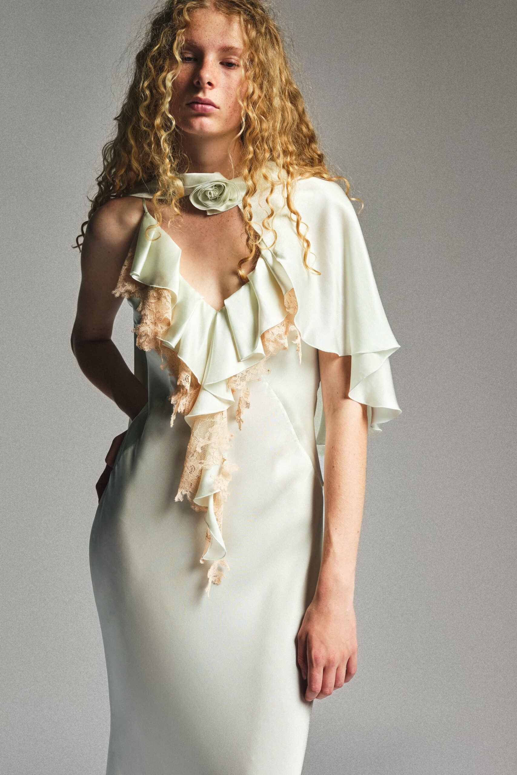 ivory silk ruffled dress
