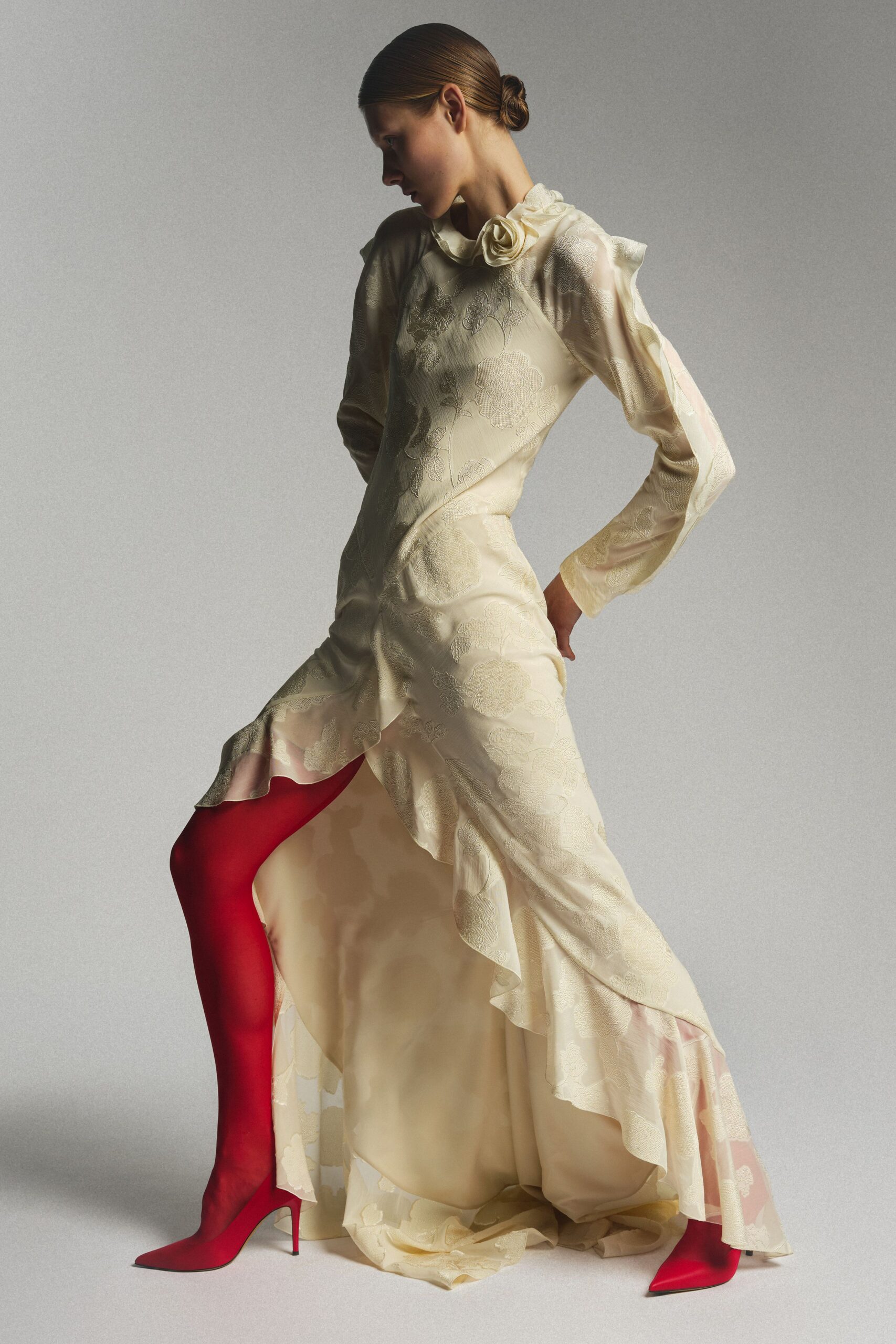 ivory silk long-sleeve high-neck fitted ruffled layered gown