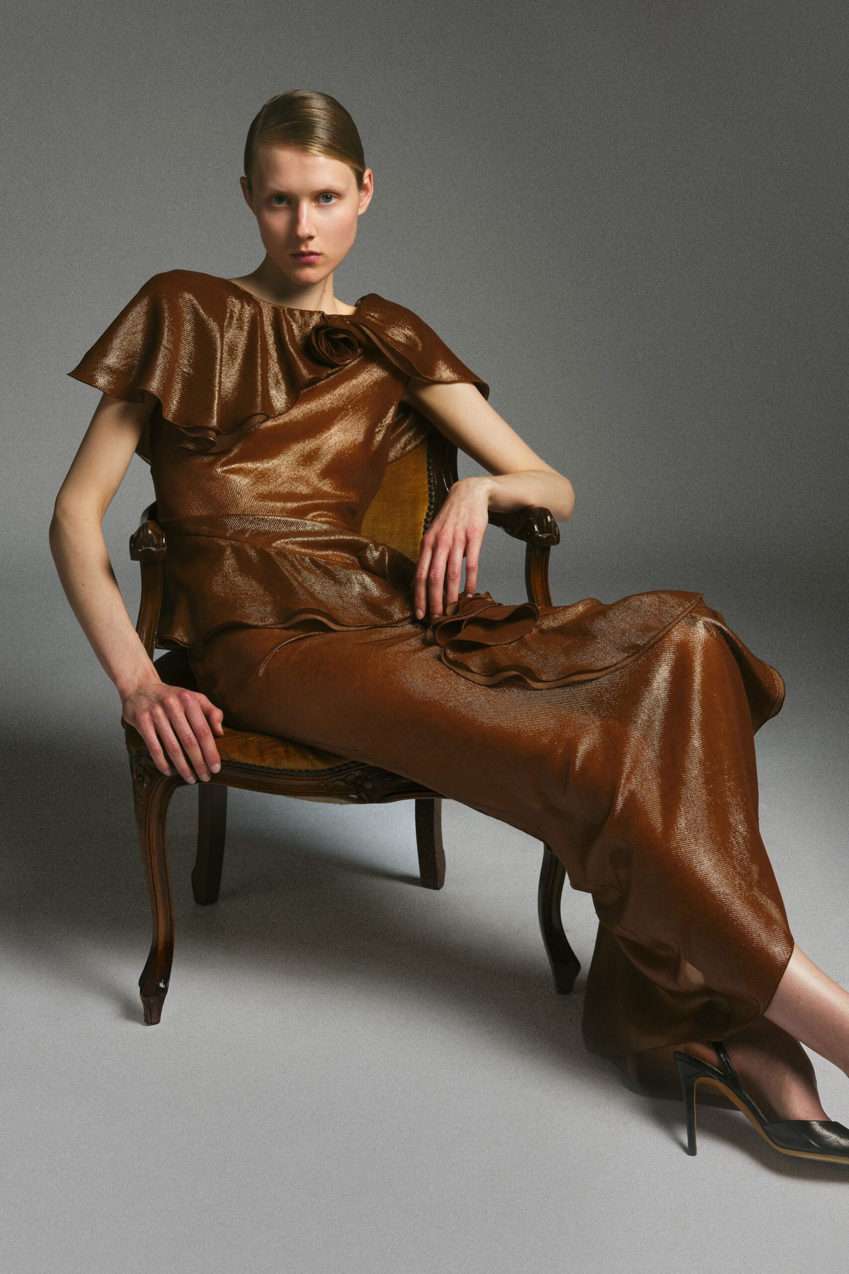 brown silk sleeveless fitted draped shiny maxi dress