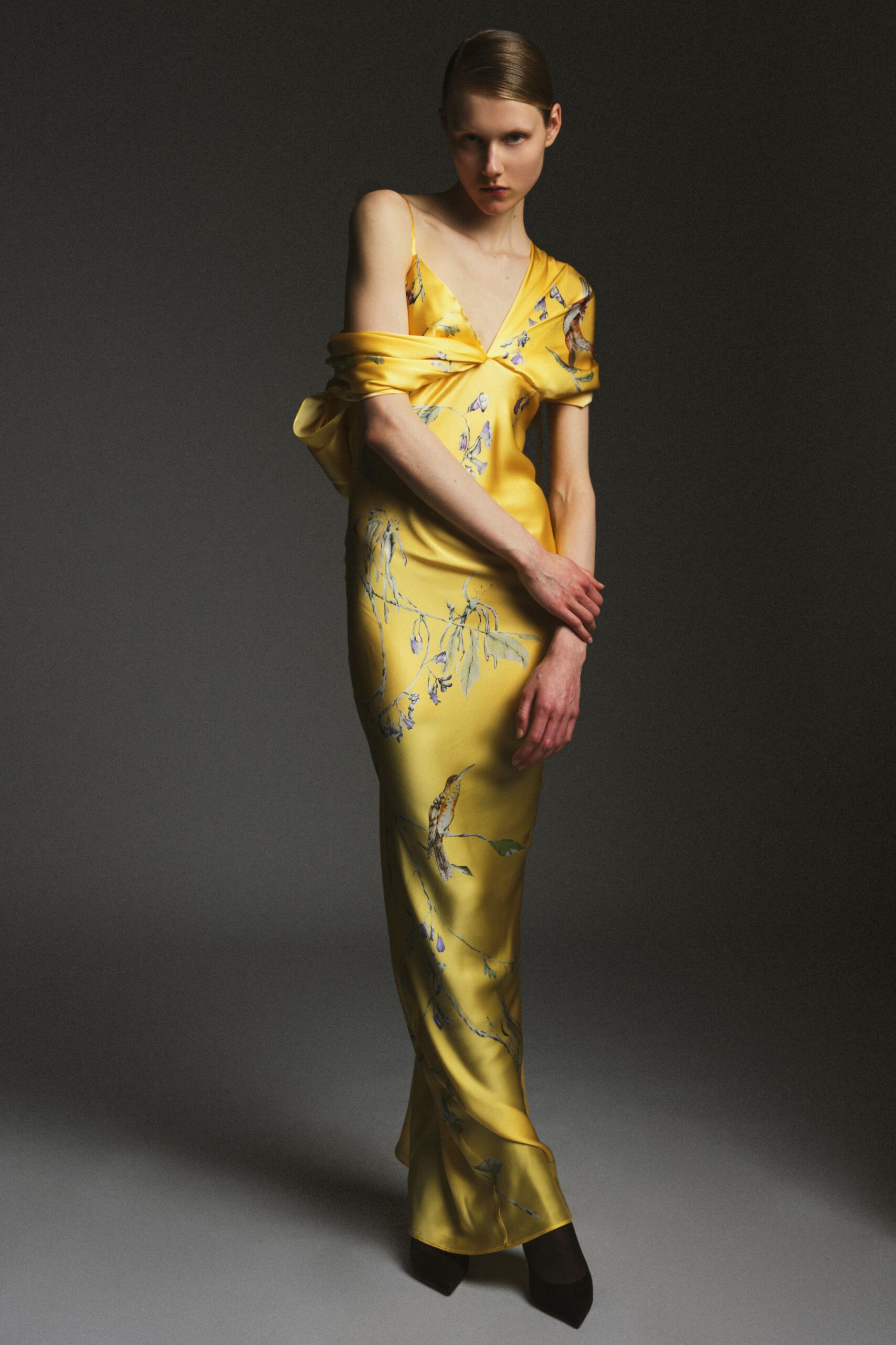yellow silk sleeveless v-neck fitted embroidered maxi gown