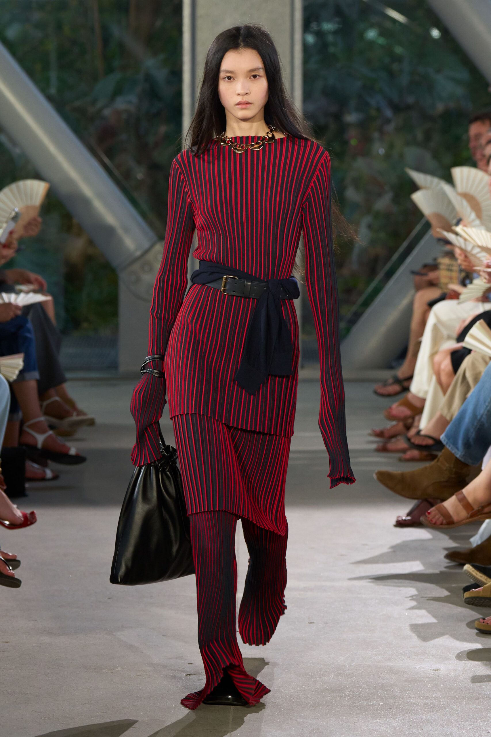 red cotton long-sleeve v-neck fitted striped midi dress