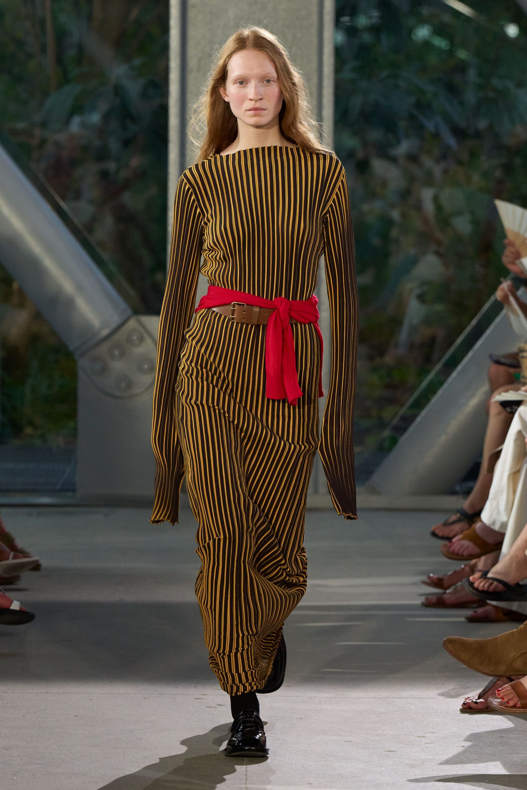 brown cotton long-sleeve collared fitted striped belted jumpsuit