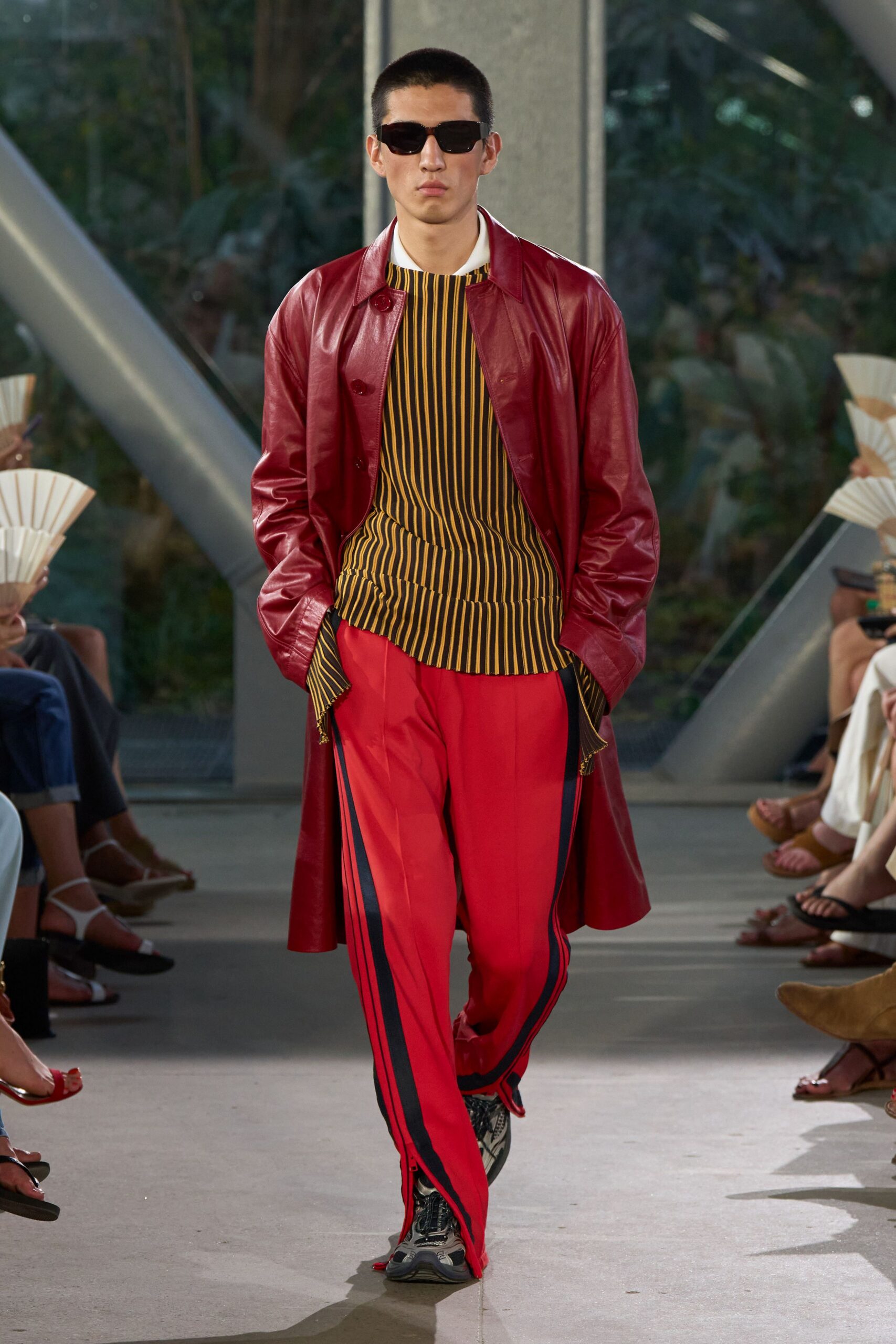 red leather long-sleeve collared relaxed coat