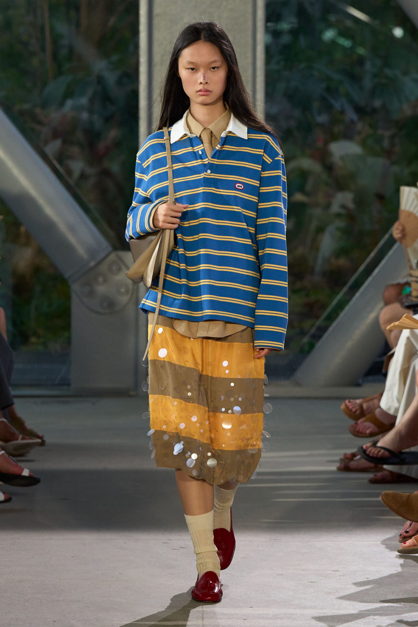 blue striped shirt with layered skirt