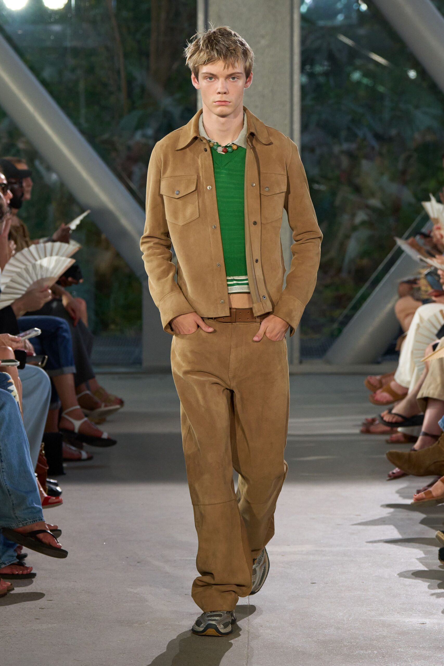 brown suede fitted straight-leg pants
