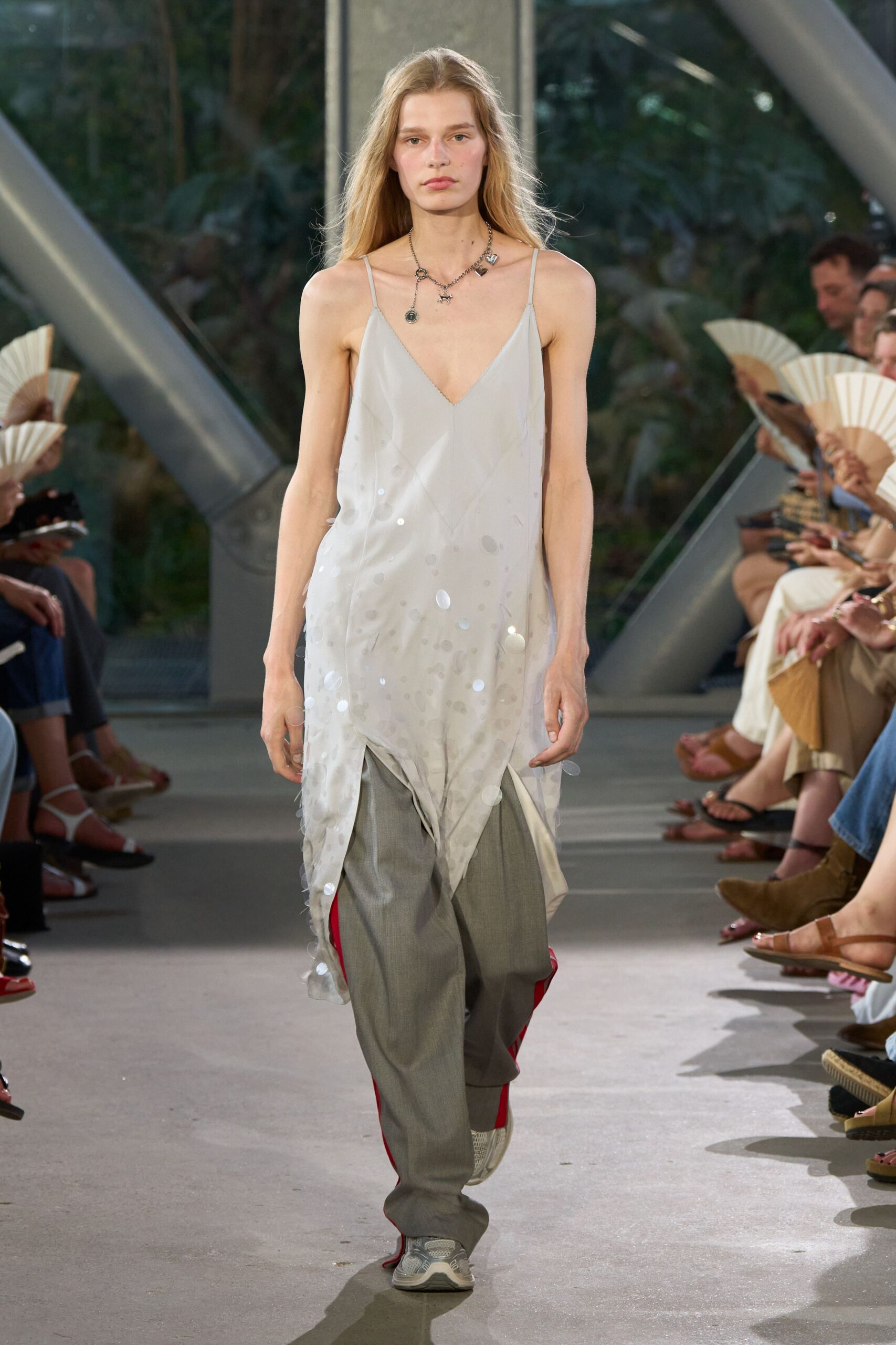 white silk sleeveless v-neck fitted draped flowing dress
