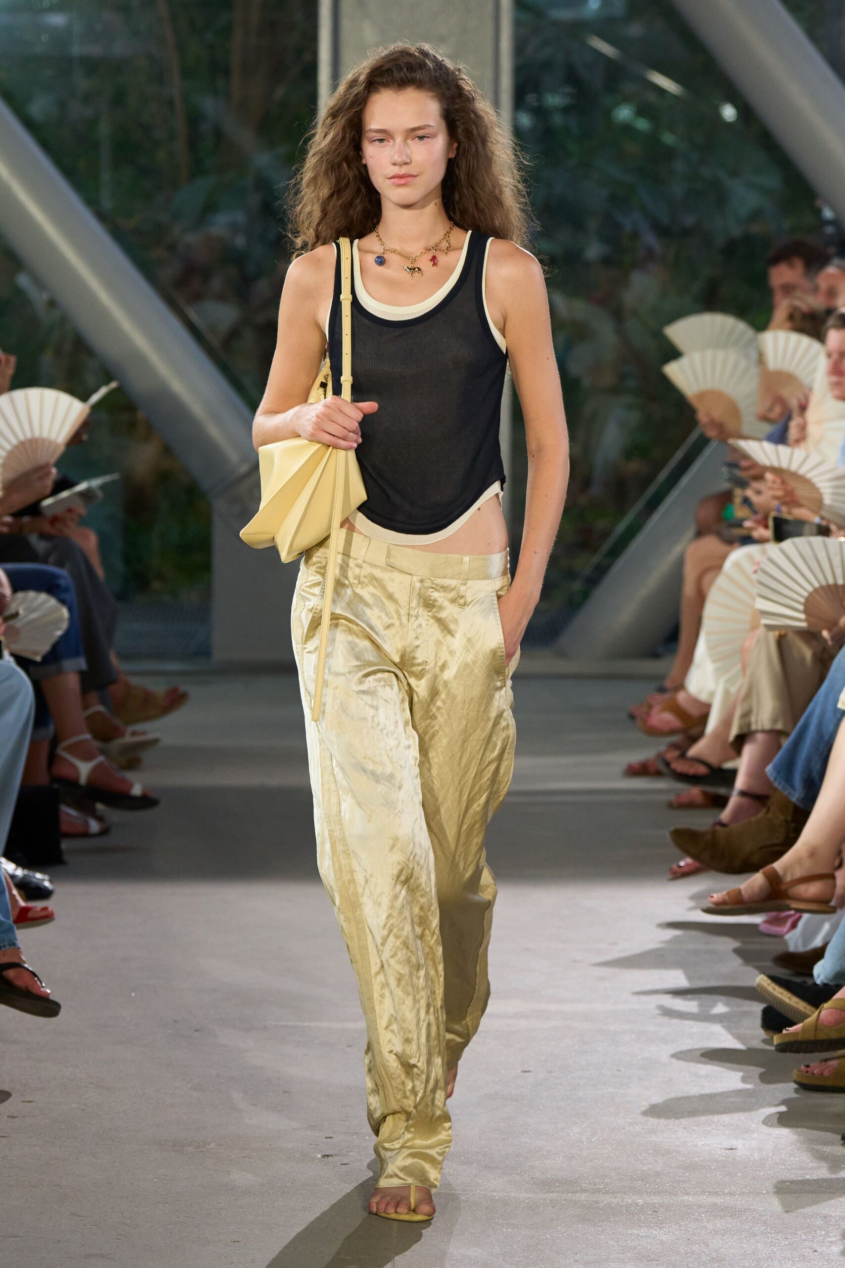 yellow silk relaxed wide-leg shiny pants