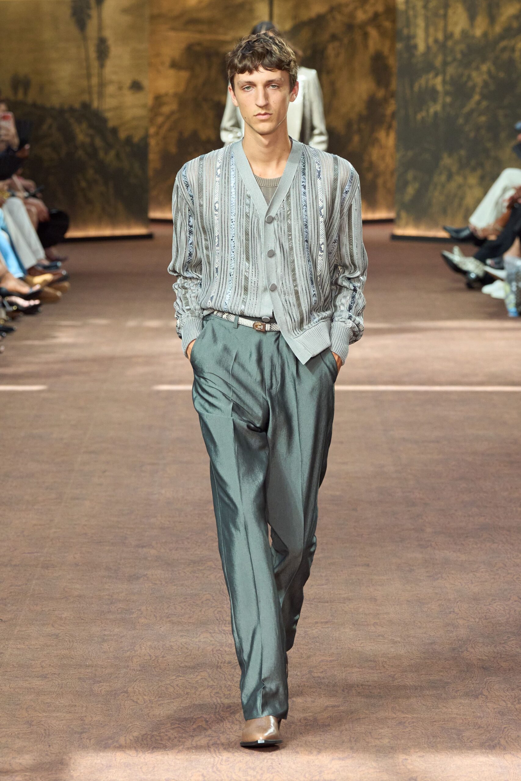 green satin tailored straight-leg pants