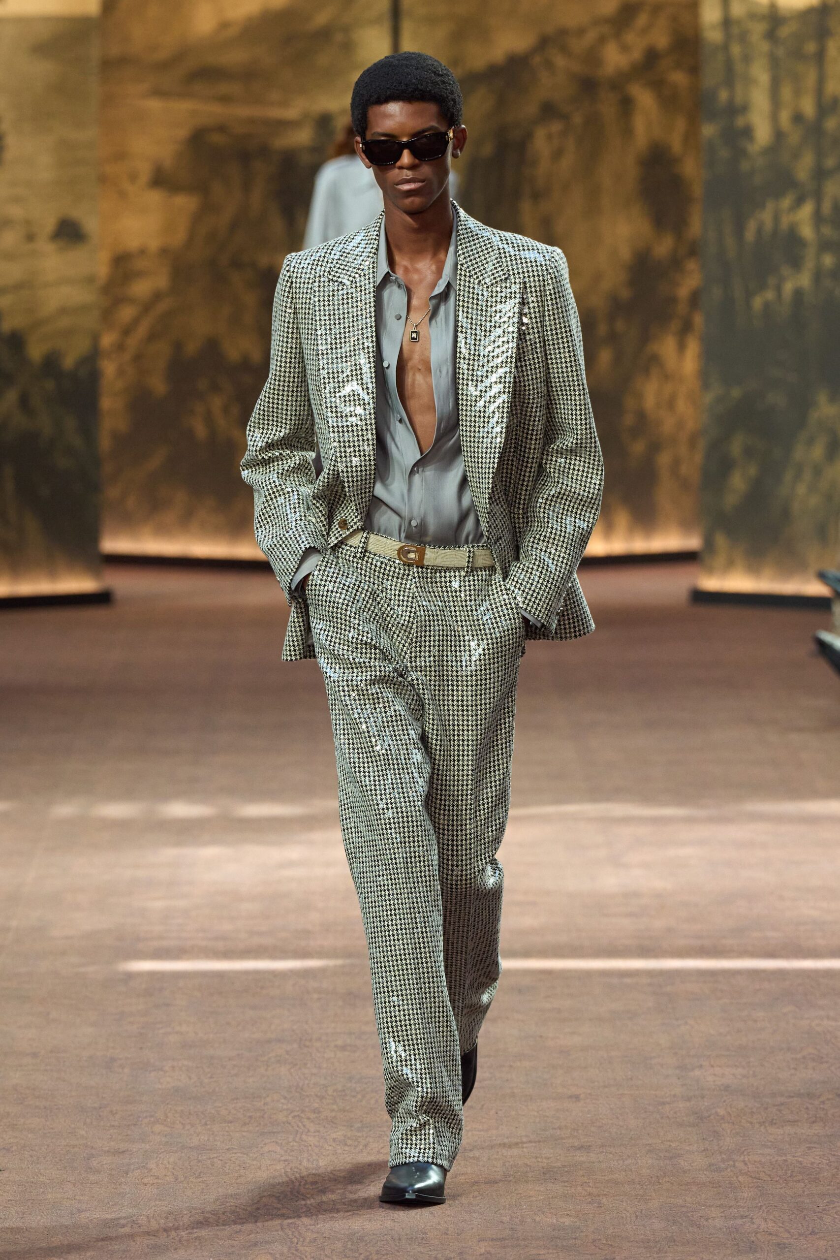 black cotton long-sleeve collared tailored checked suit