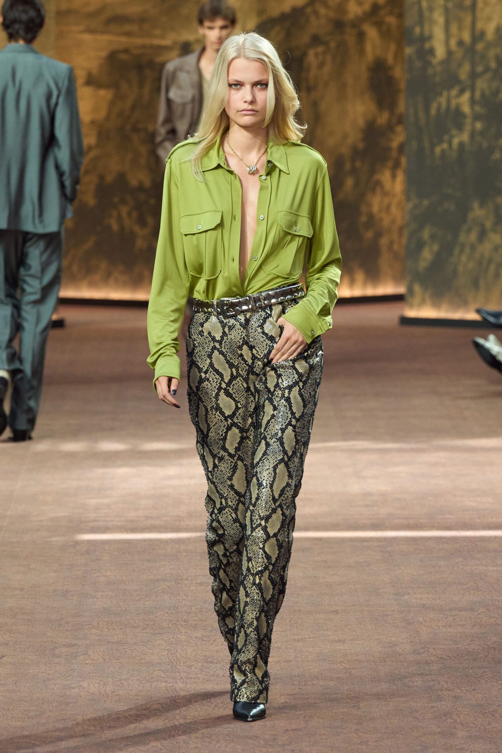 green collared shirt with printed pants
