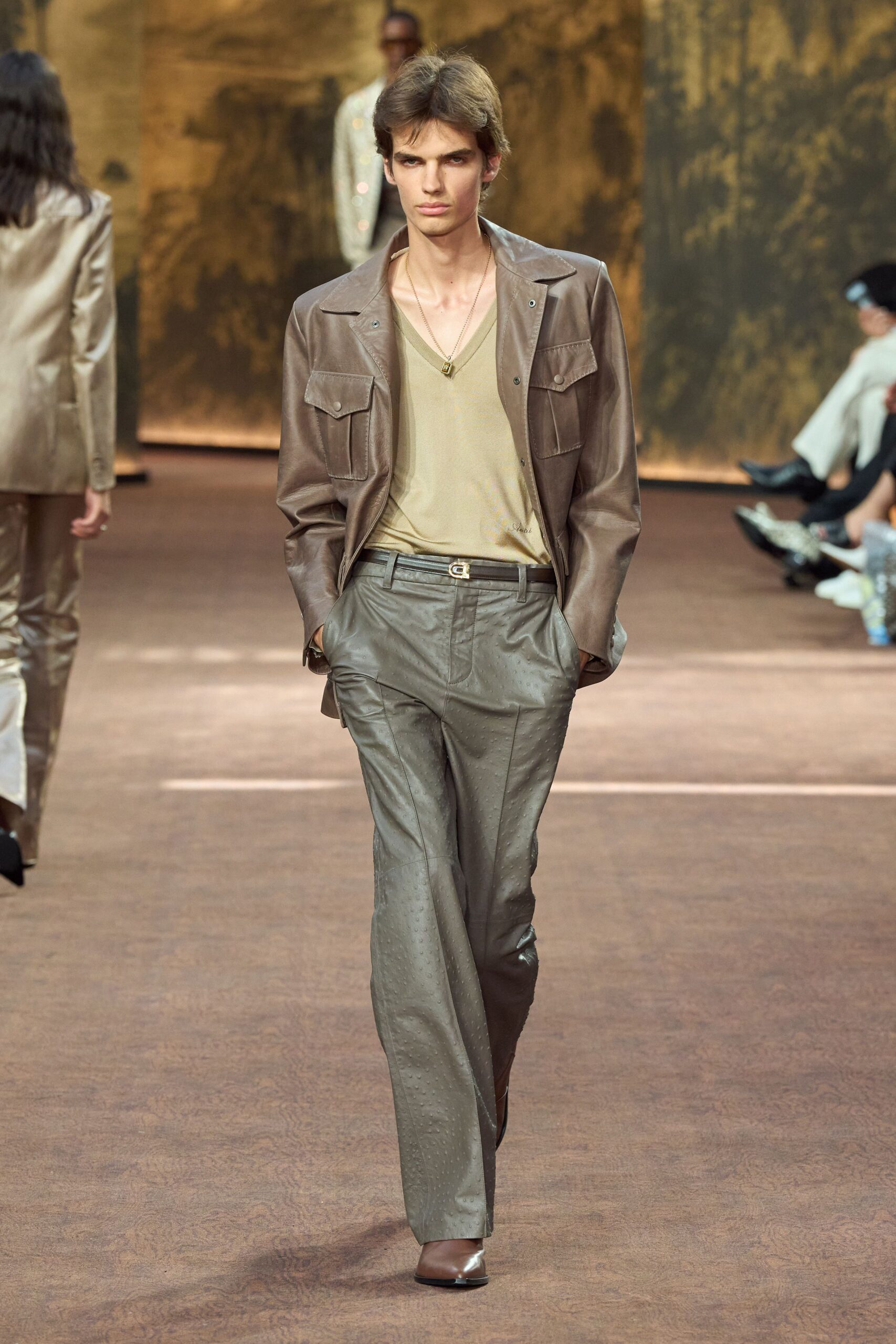 brown leather long-sleeve collared fitted buttoned jacket