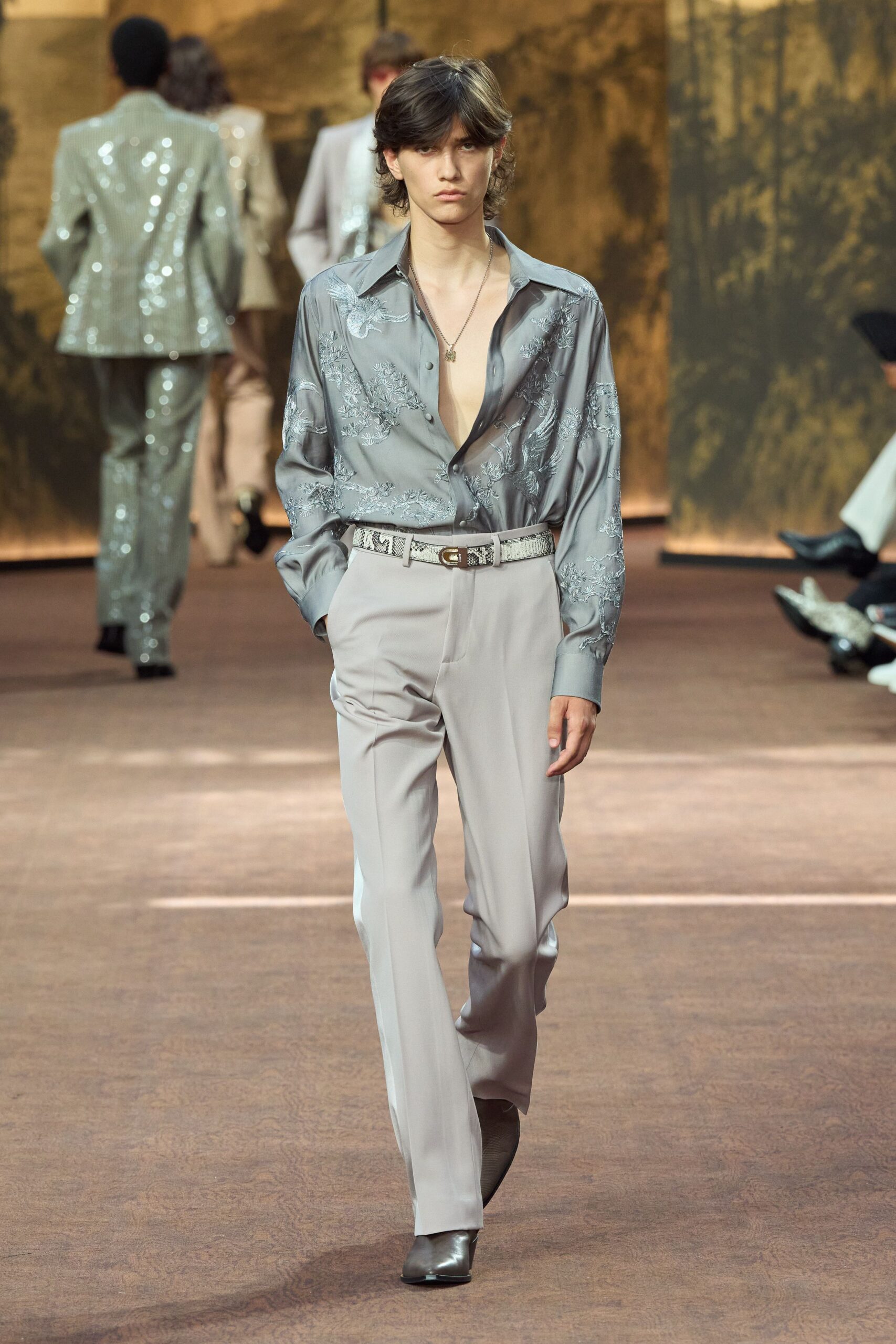 gray silk long-sleeve collared fitted embroidered shirt