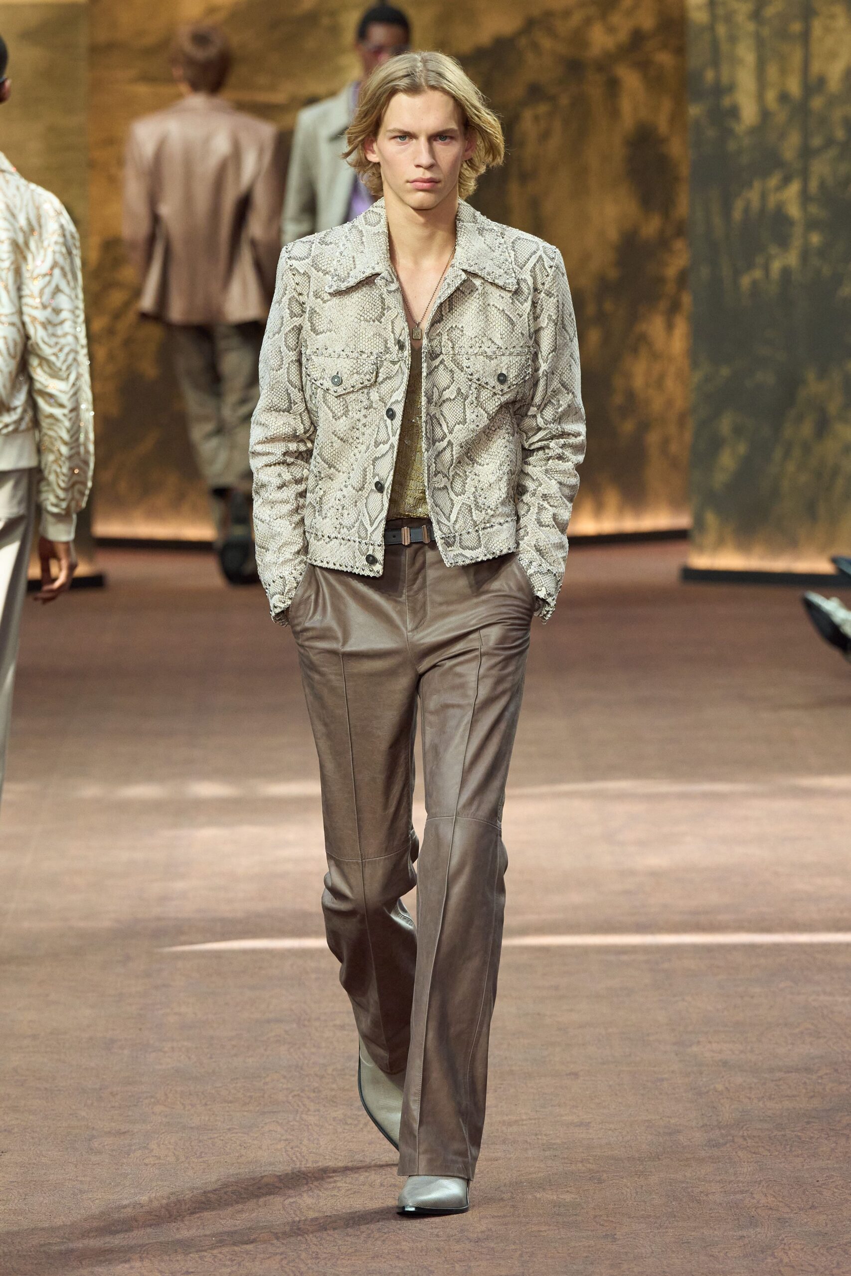 beige leather long-sleeve collared fitted embroidered jacket