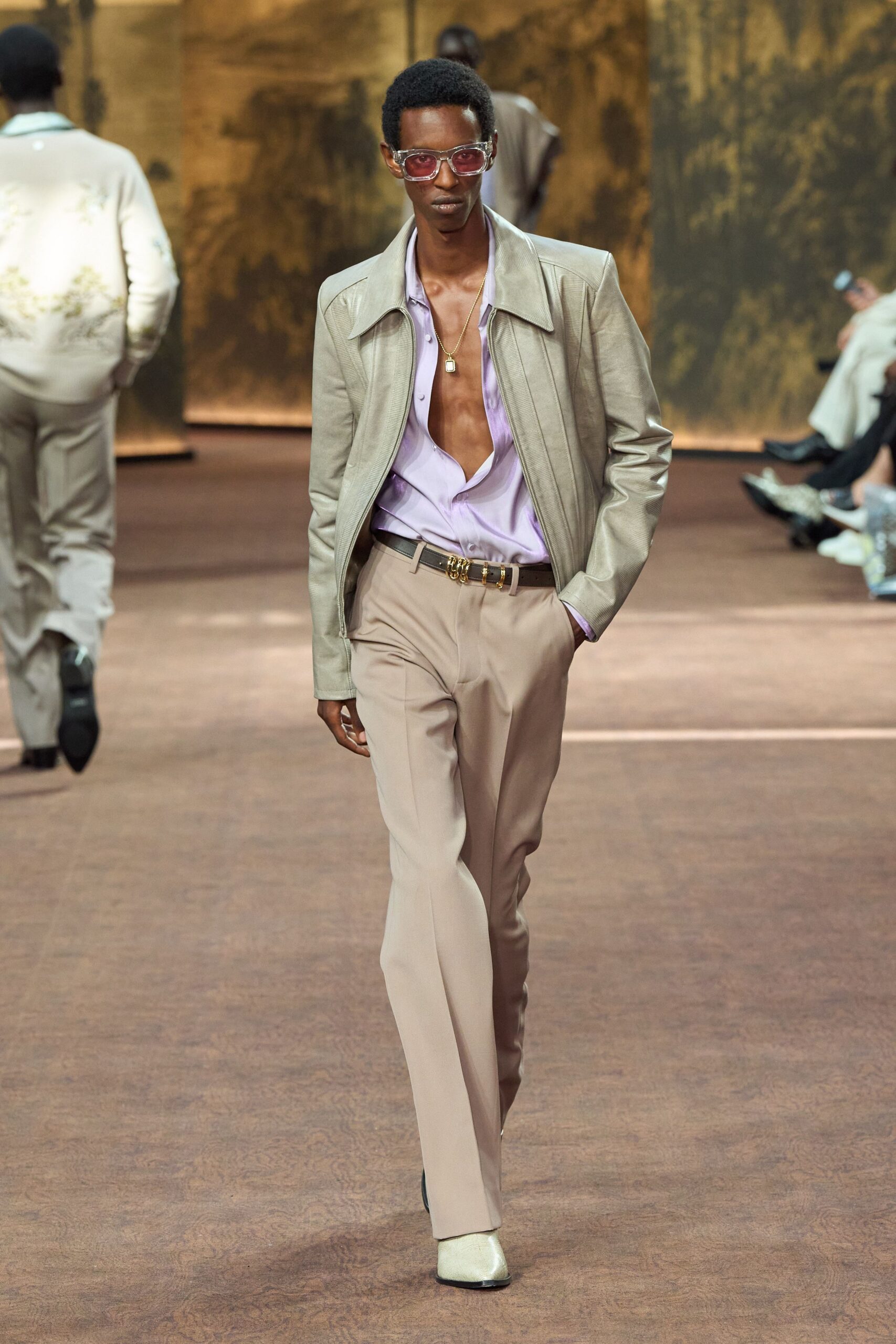 beige cotton tailored straight-leg pants