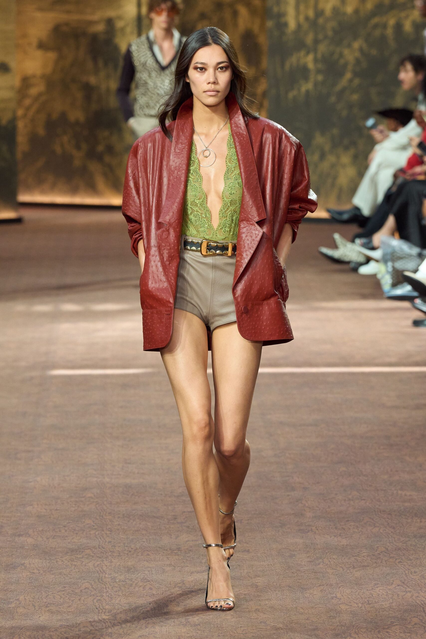 red leather long-sleeve collared relaxed buttoned blazer