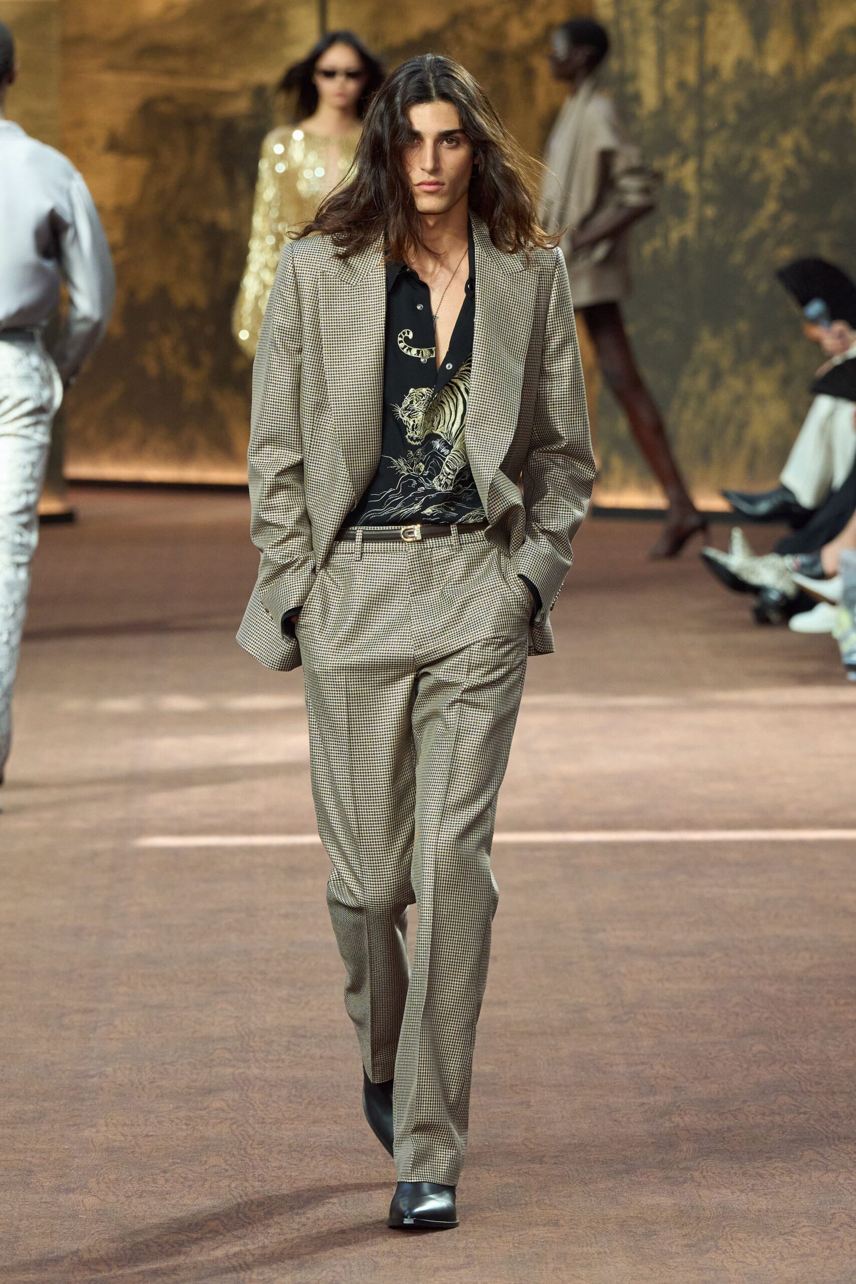 beige cotton long-sleeve collared tailored striped buttoned suit