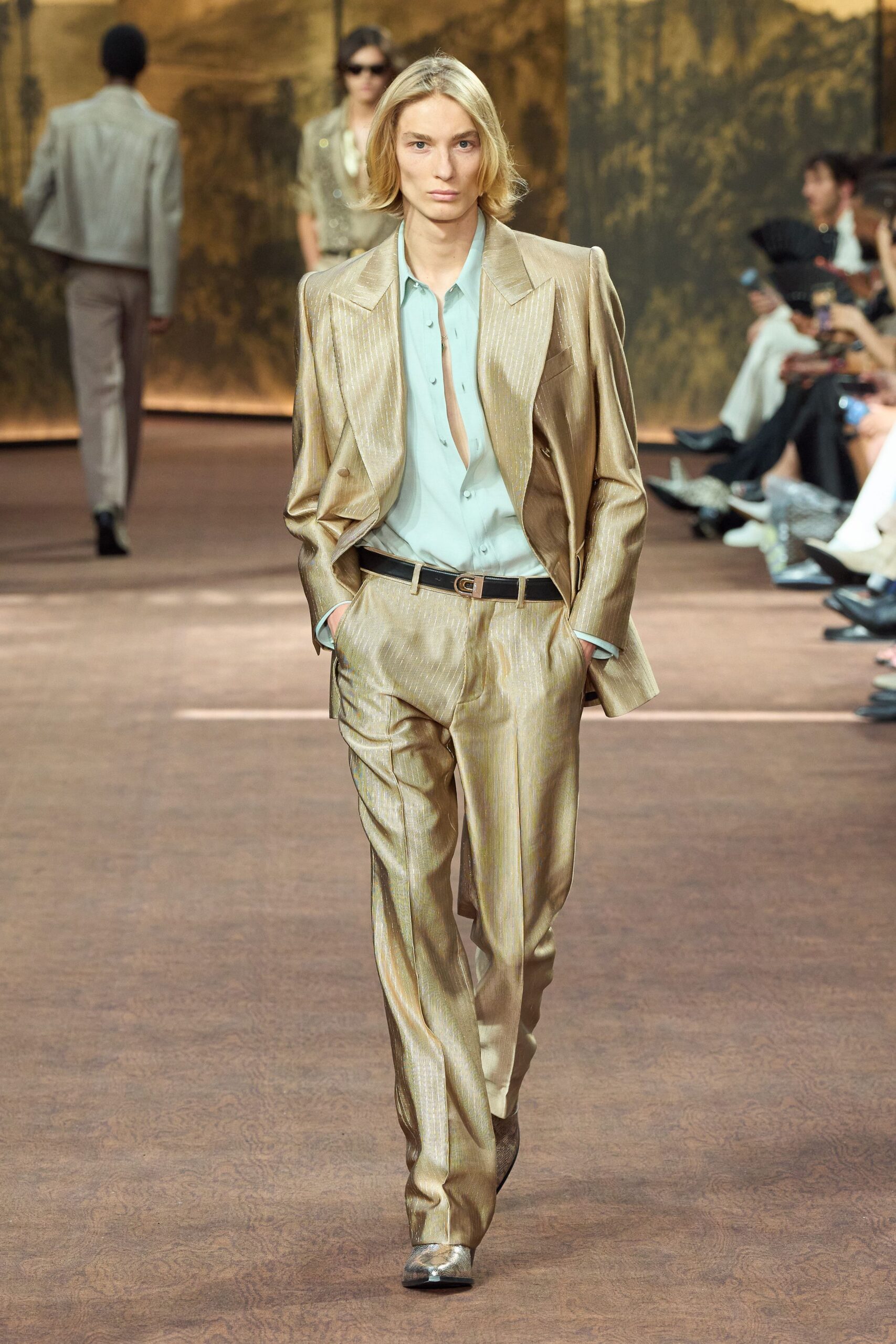 gold silk long-sleeve collared tailored striped buttoned suit