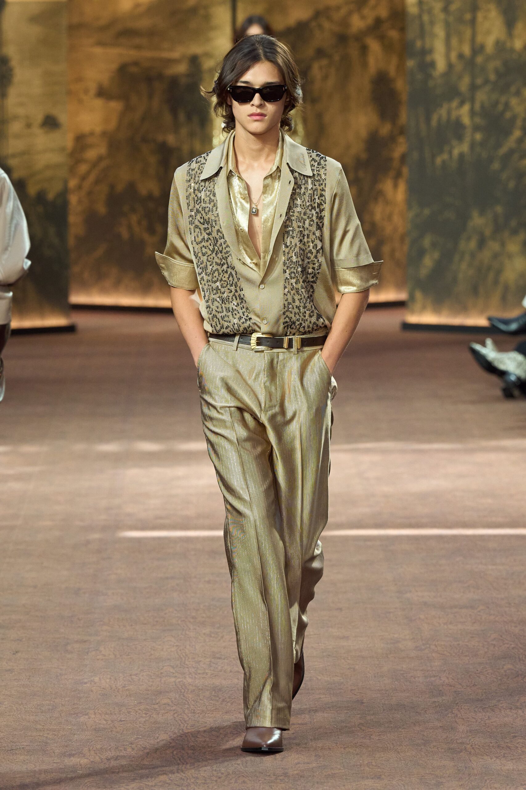 gold silk fitted straight-leg shiny pants