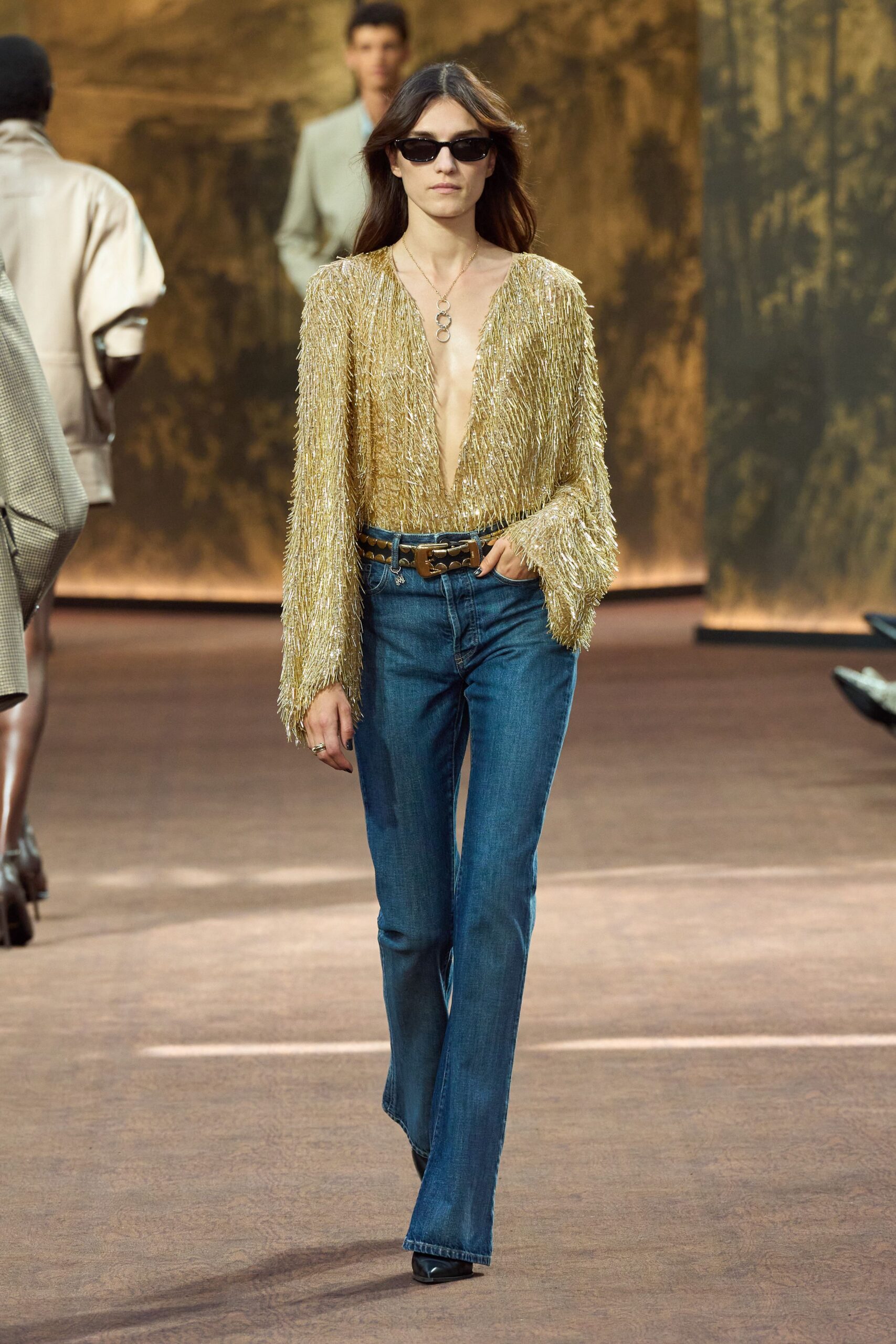 gold metallic long-sleeve v-neck fitted fringed shiny top