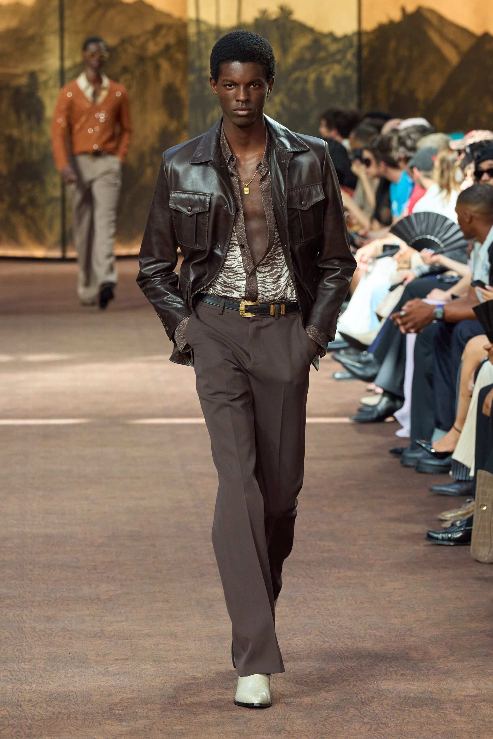 brown leather long-sleeve collared fitted jacket