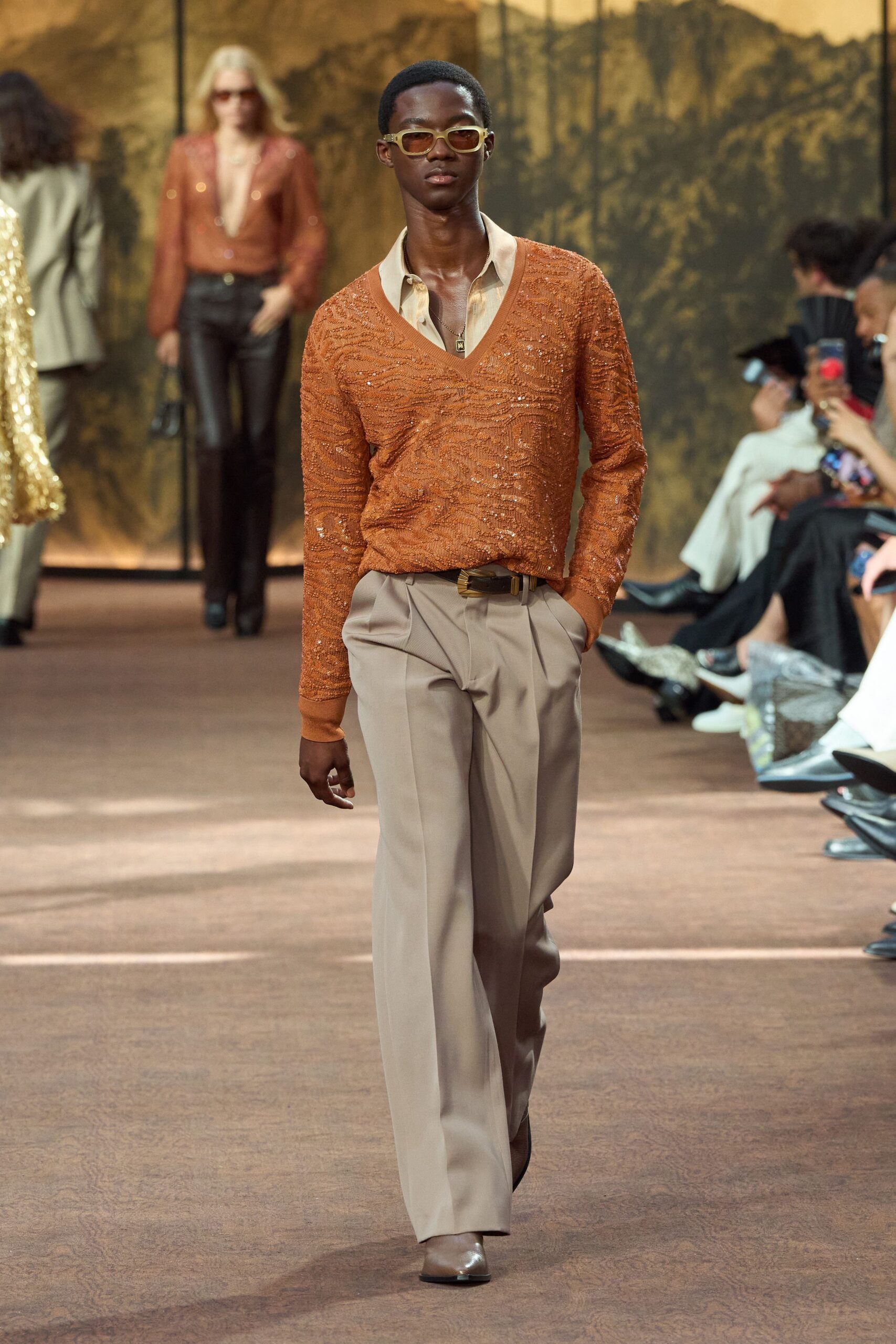 orange silk long-sleeve v-neck relaxed sequined sweater