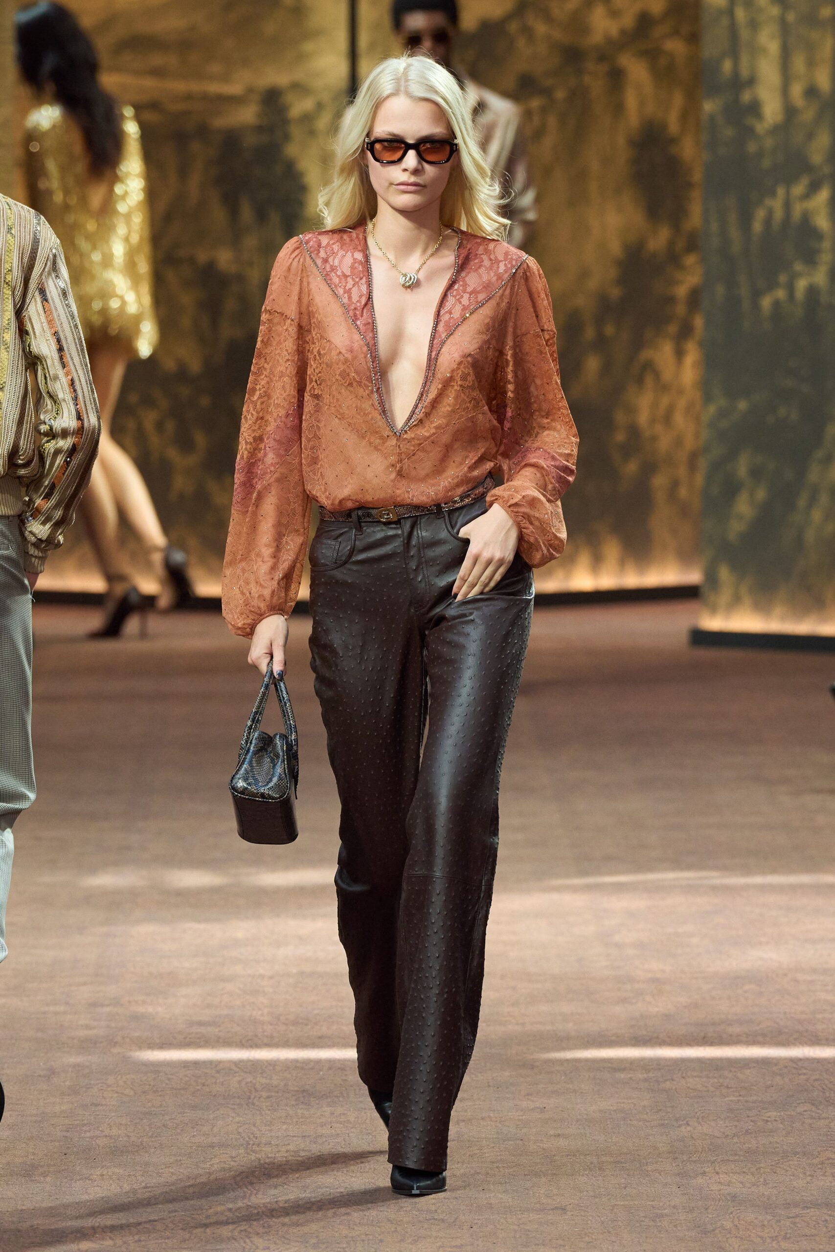 orange lace long-sleeve v-neck fitted pleated blouse