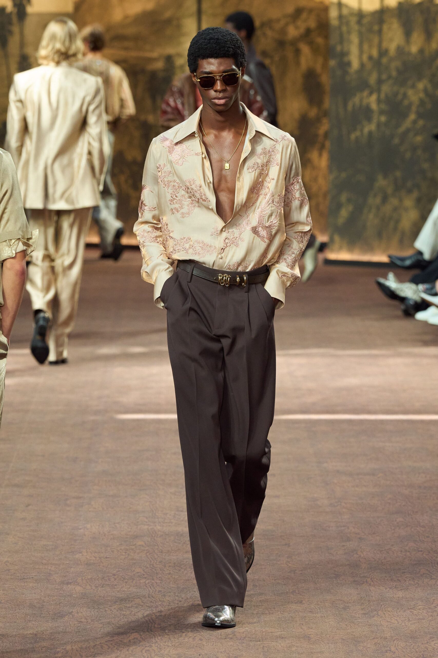 beige silk long-sleeve collared relaxed embroidered shirt