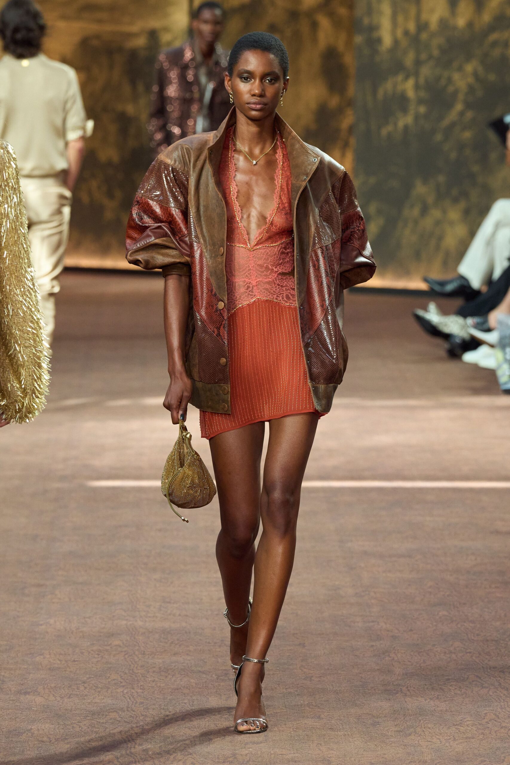 brown leather short-sleeve oversized zippered jacket