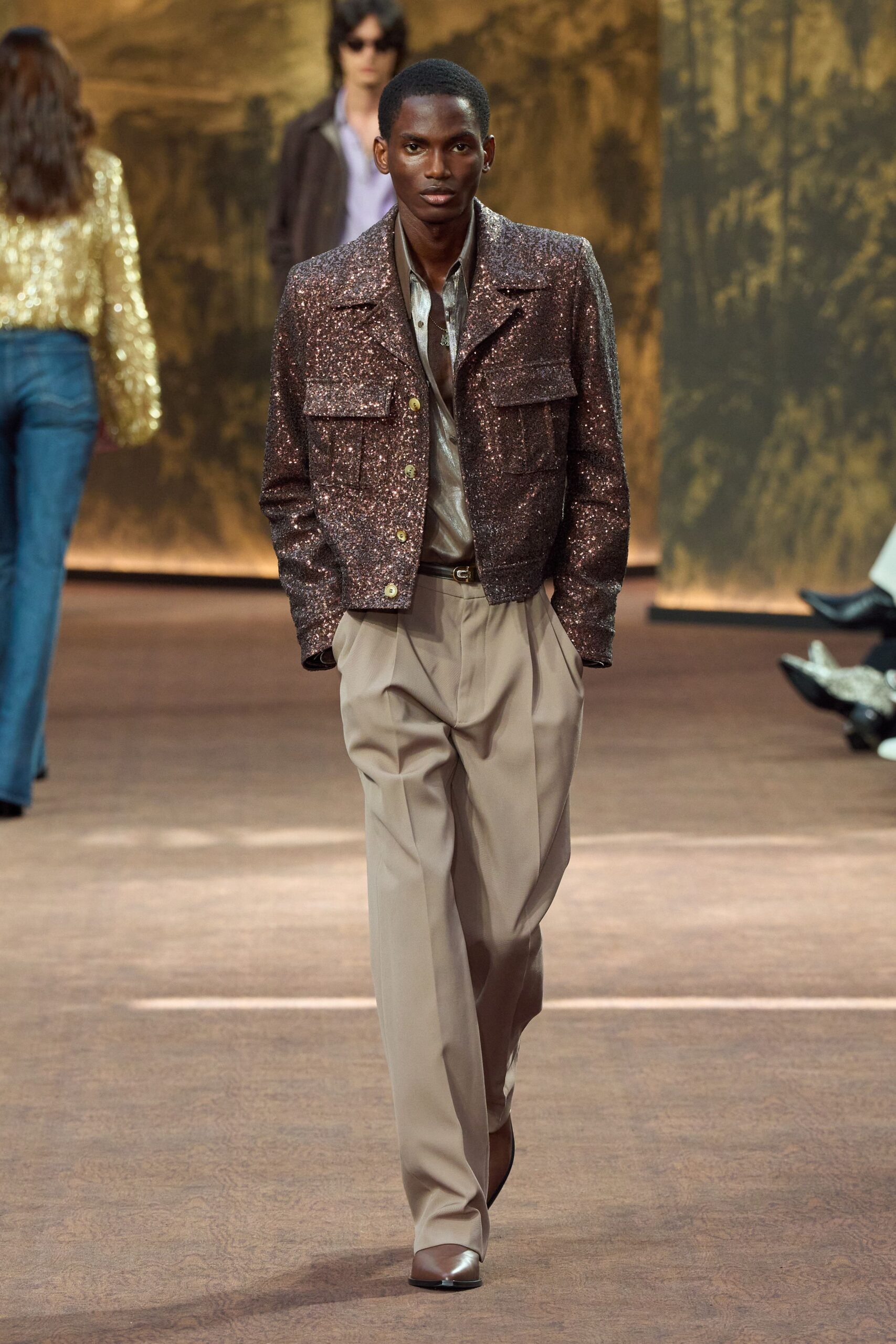 brown metallic long-sleeve collared structured zippered shiny jacket