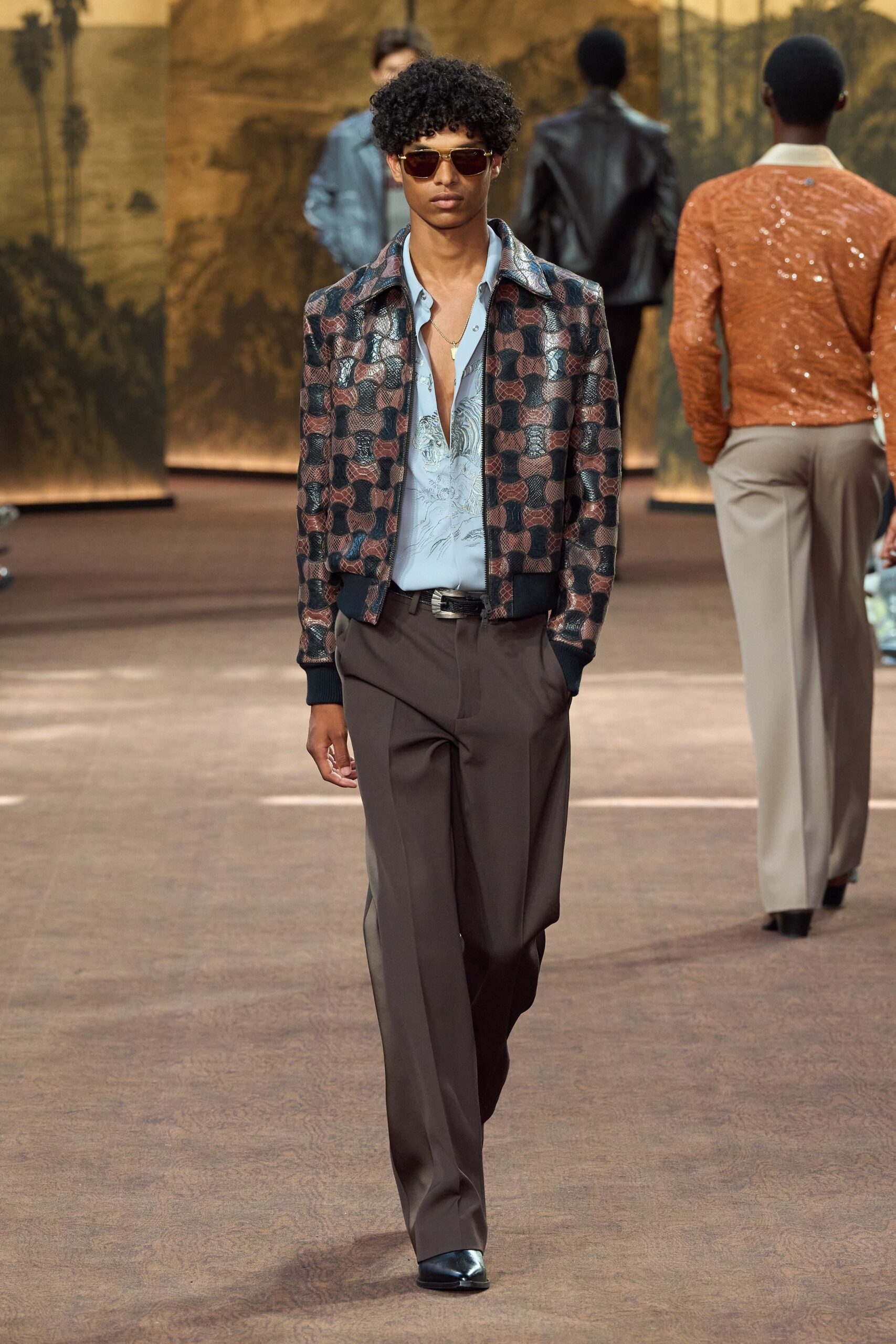 brown silk long-sleeve collared fitted zippered printed jacket