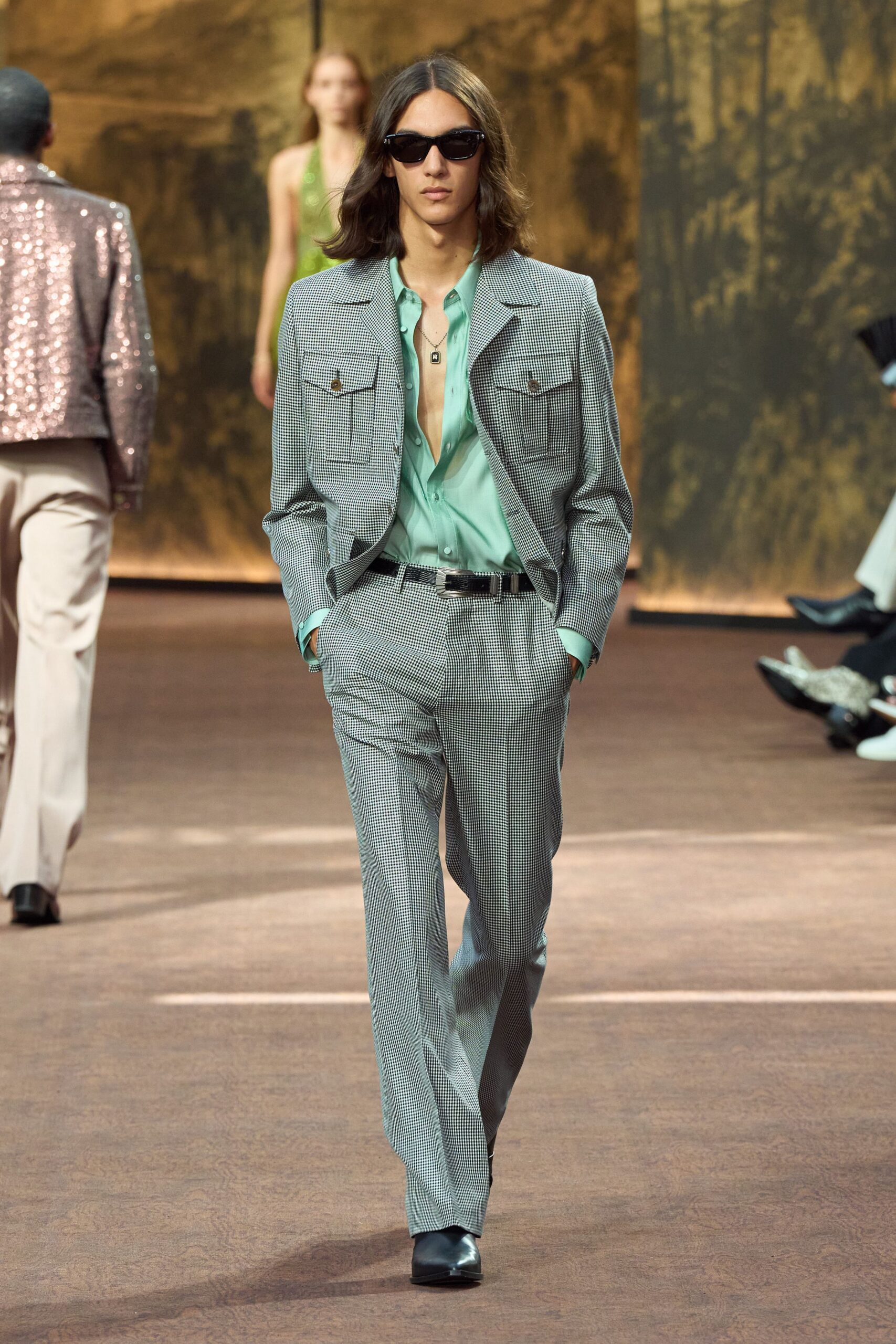 gray cotton long-sleeve collared tailored striped buttoned suit