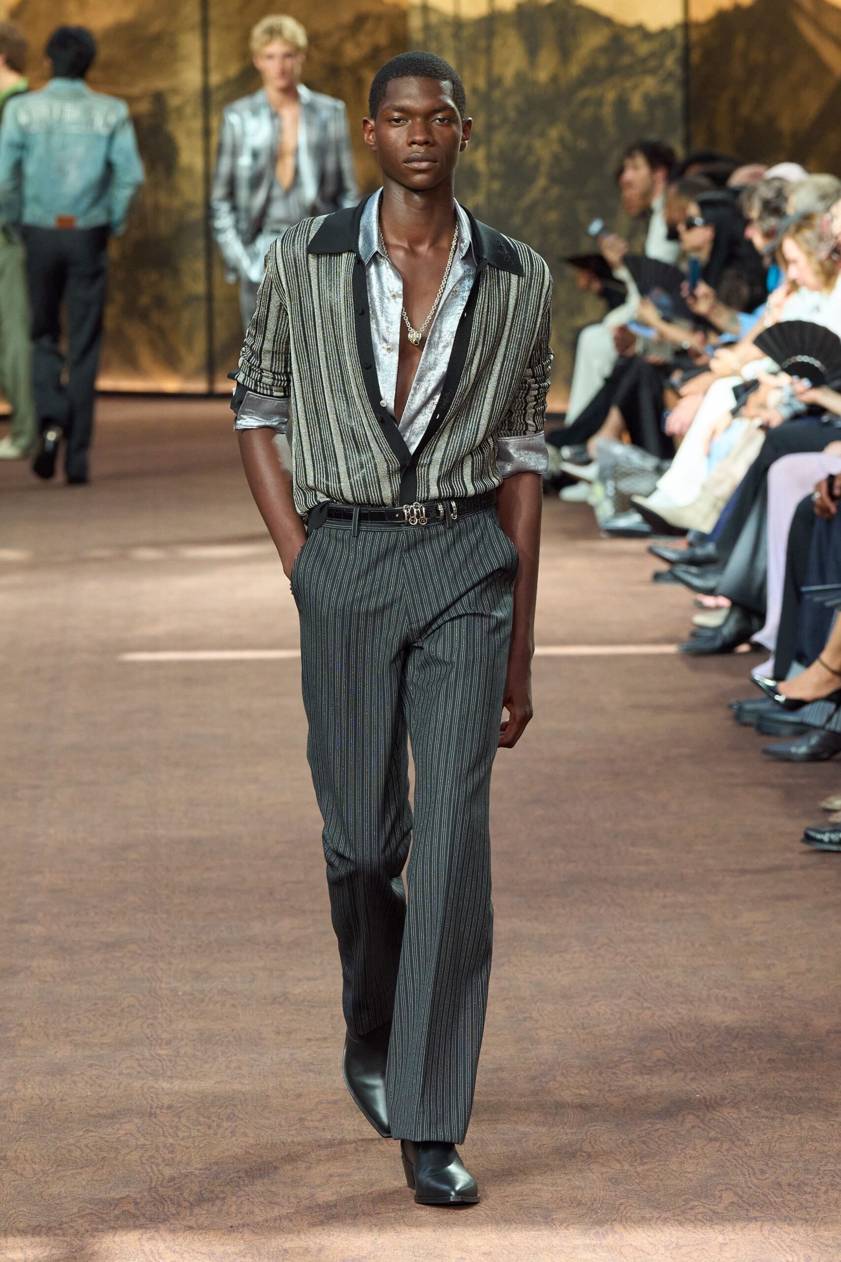 gray wool tailored pleated straight-leg pants