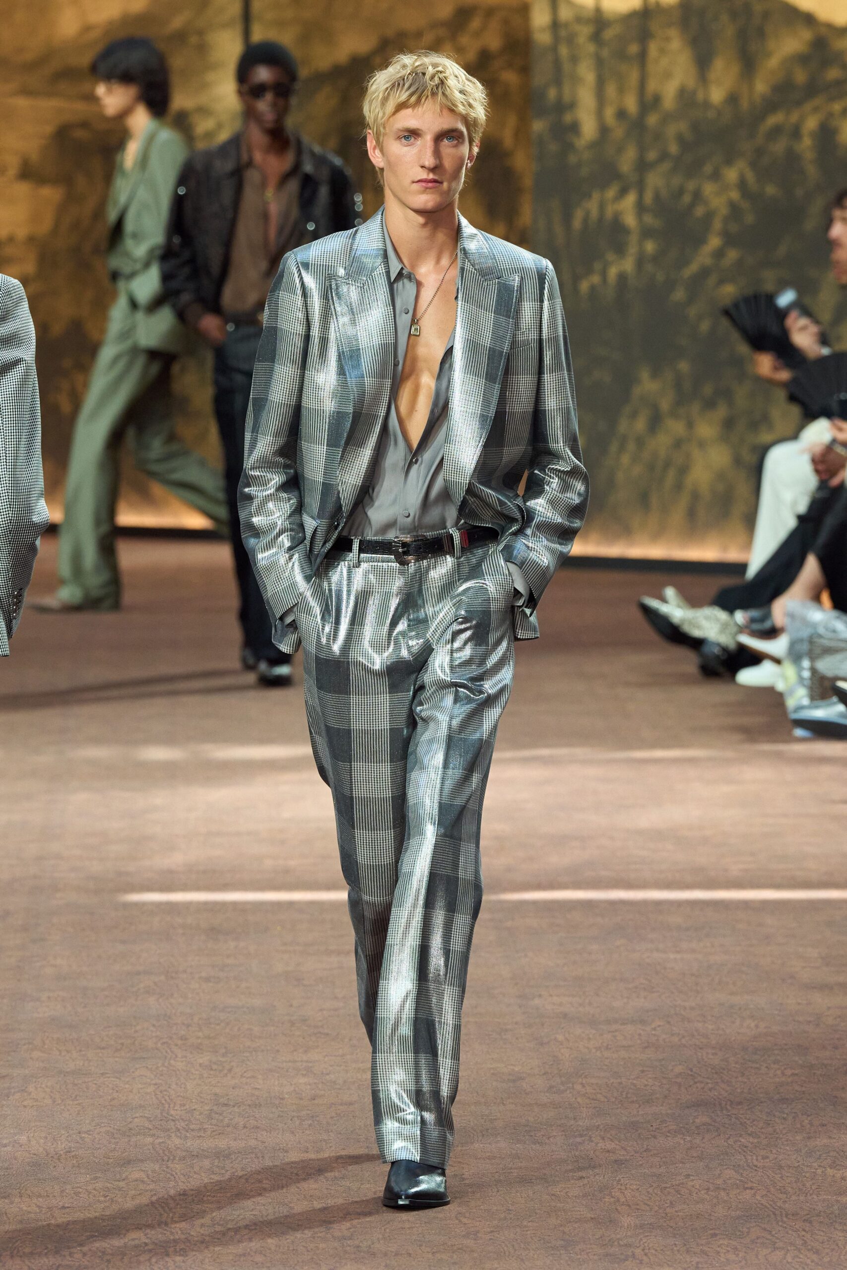 gray silk long-sleeve collared tailored checked shiny suit