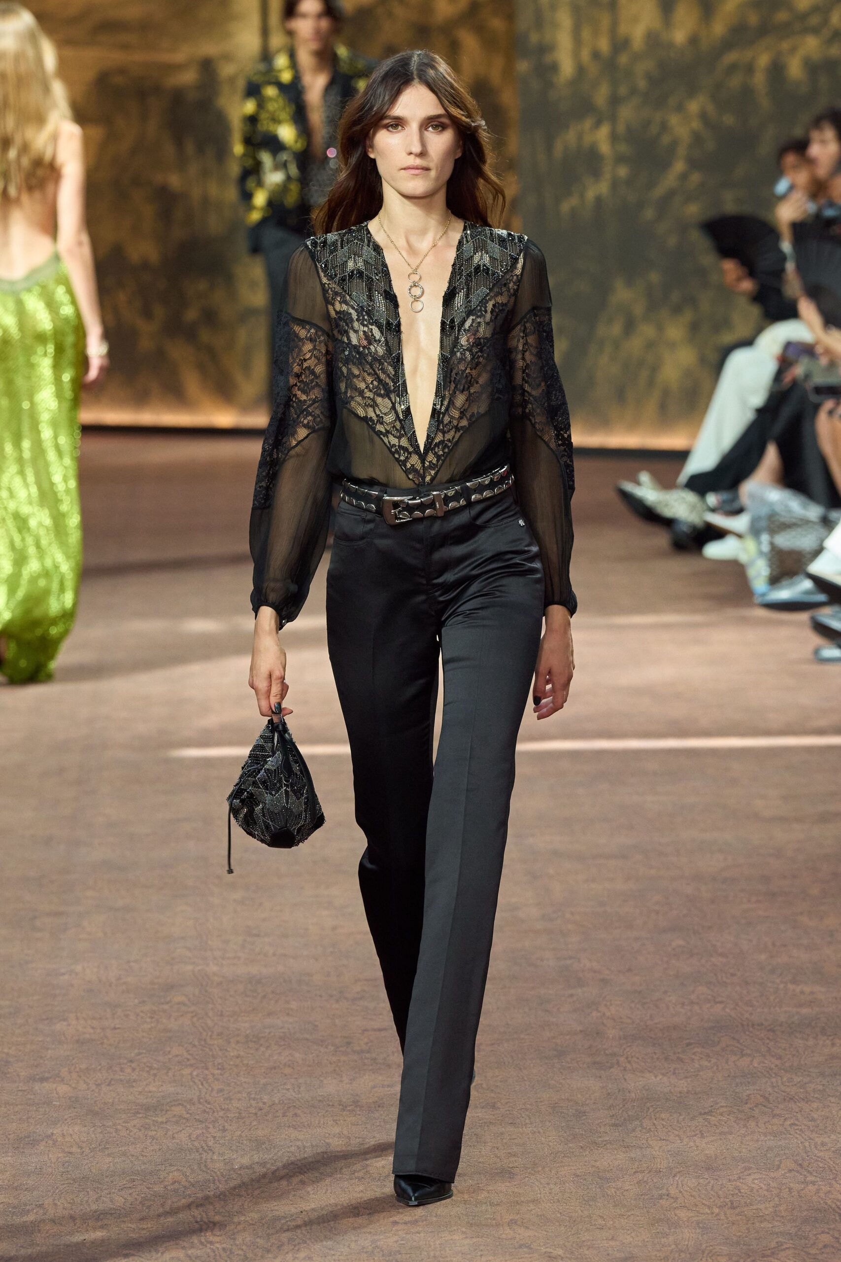 black lace long-sleeve v-neck fitted embroidered sheer blouse