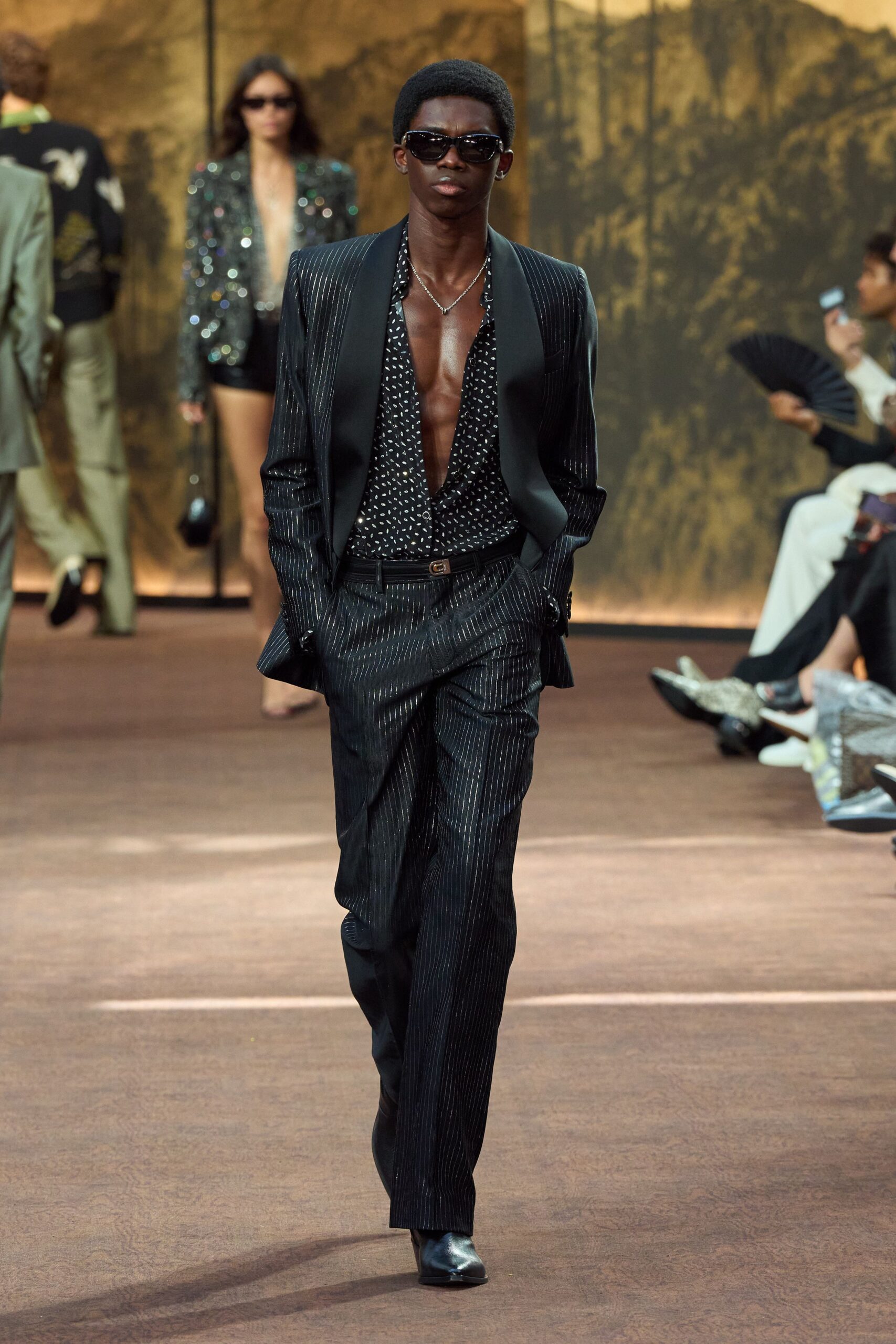 black silk long-sleeve collared tailored striped buttoned suit