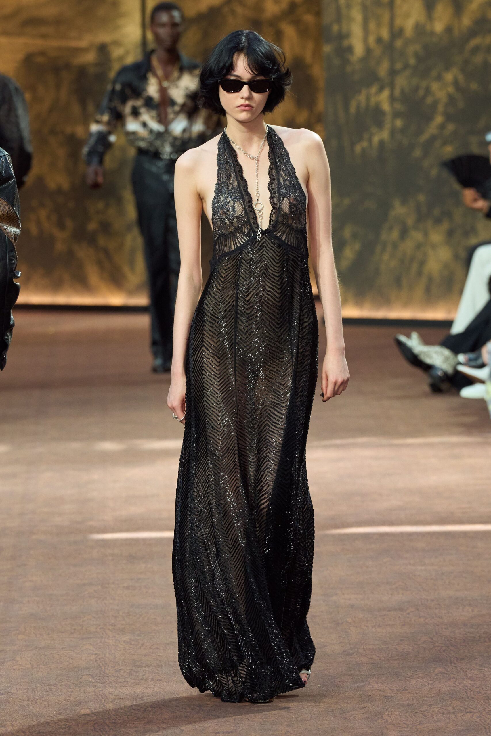 black lace sleeveless v-neck fitted sheer flowing gown