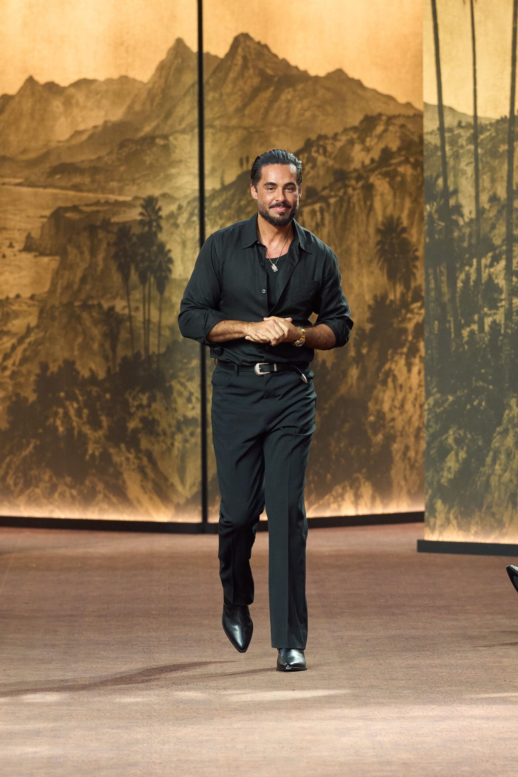 black fitted shirt and pants