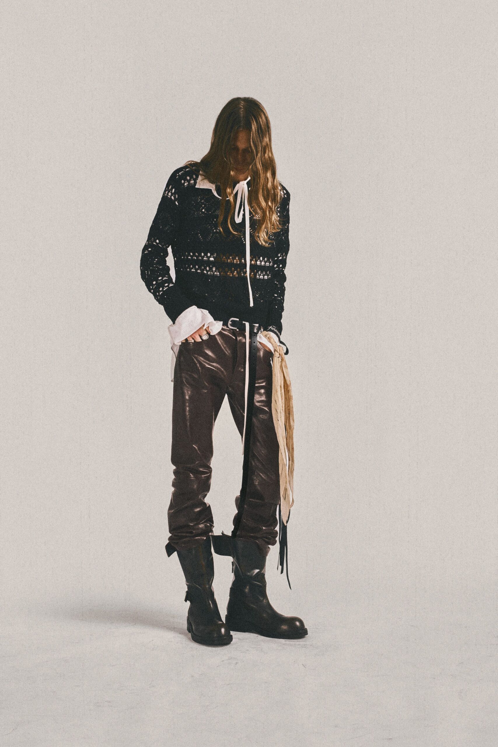 black fitted sweater brown leather pants