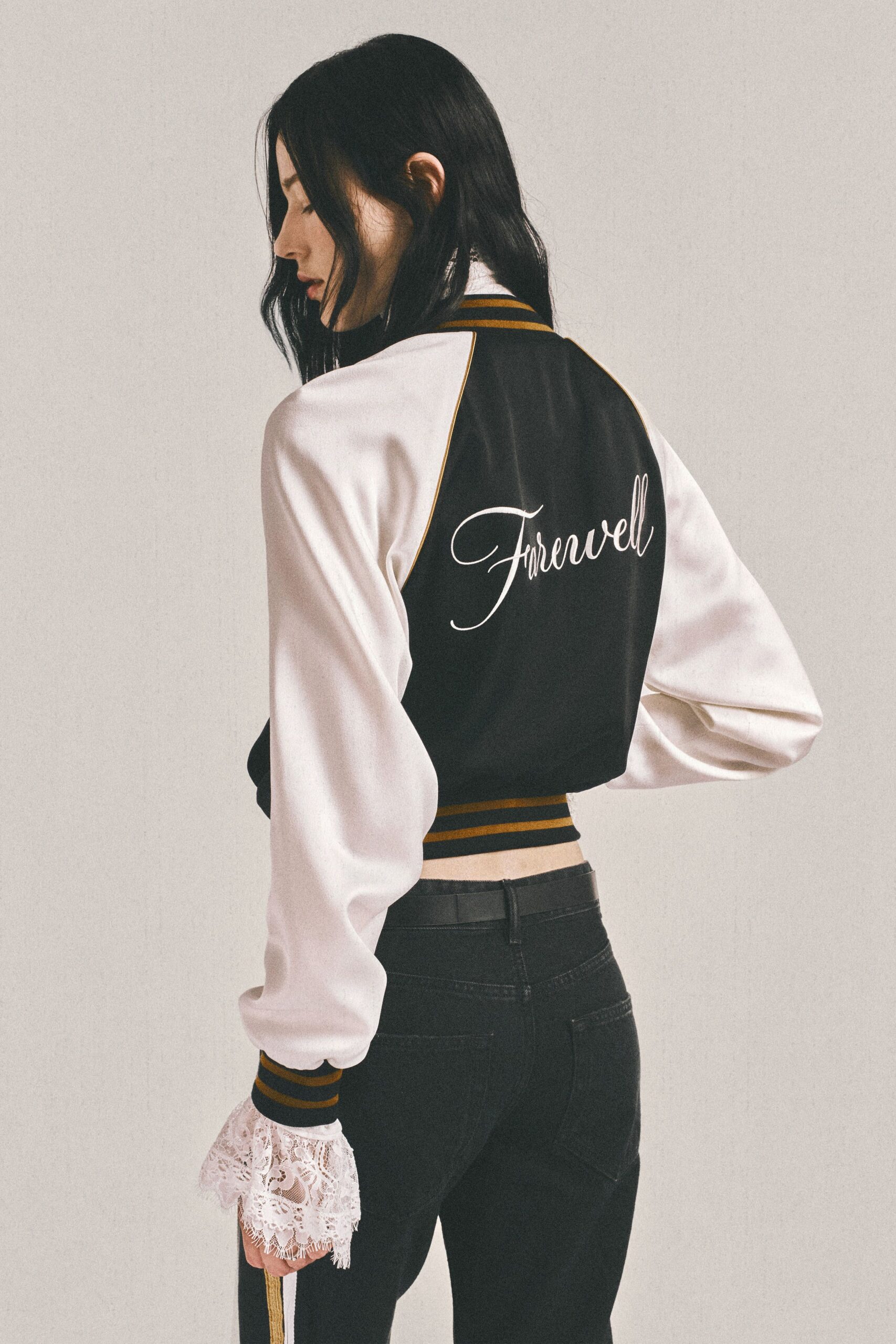 black silk long-sleeve collared fitted embroidered jacket