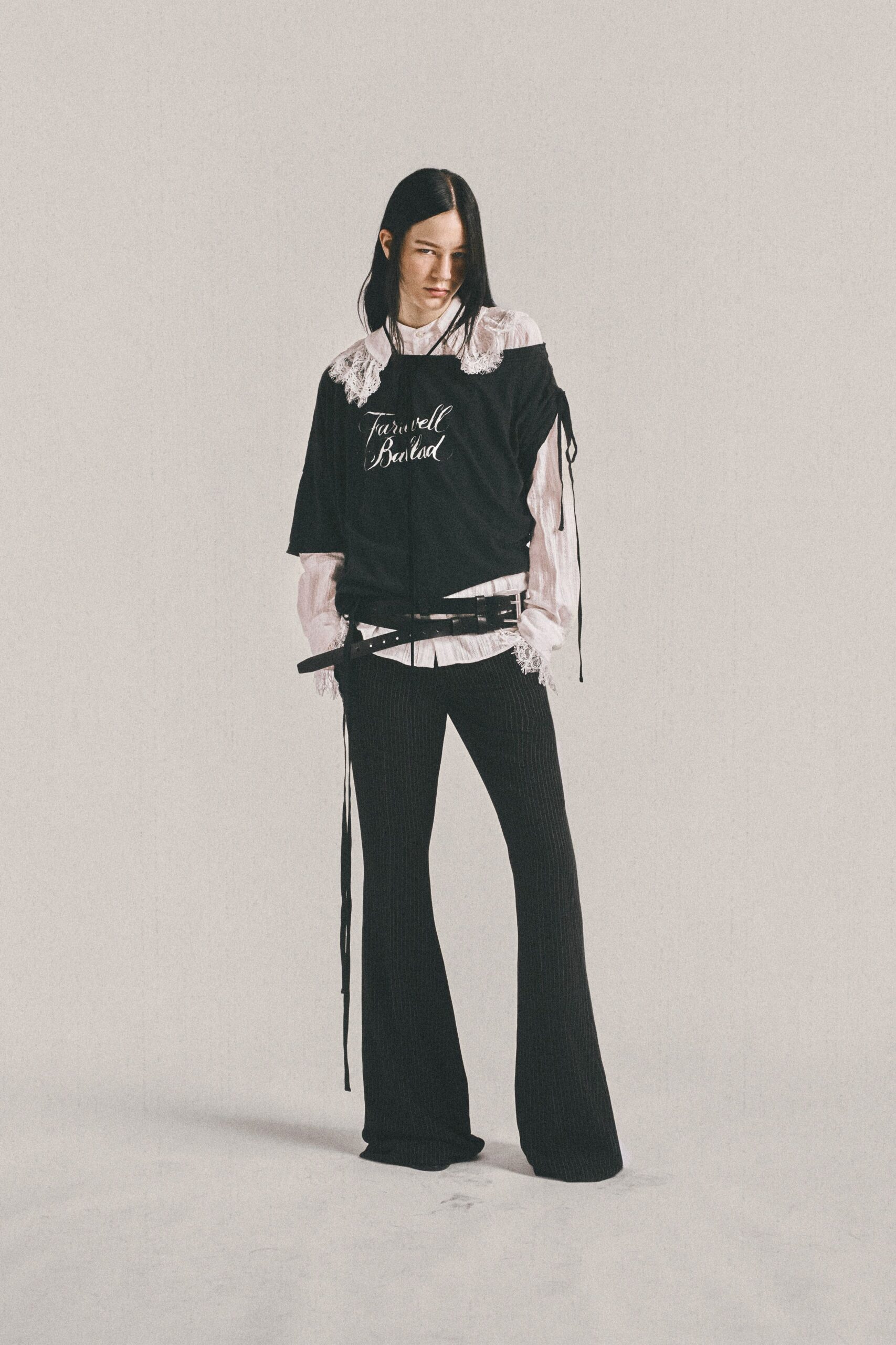 white cotton long-sleeve collared fitted ruffled shirt