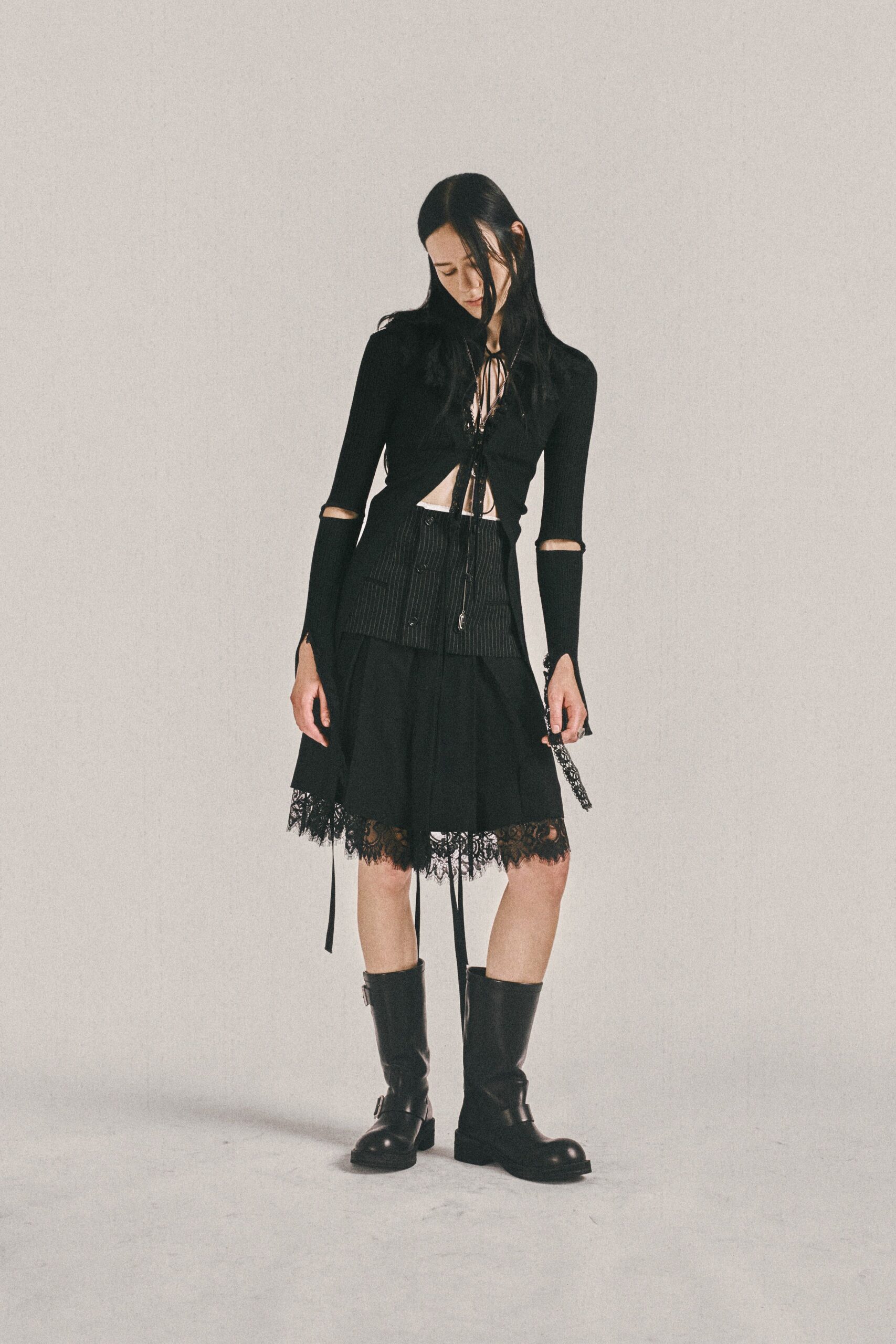 black fitted top and skirt