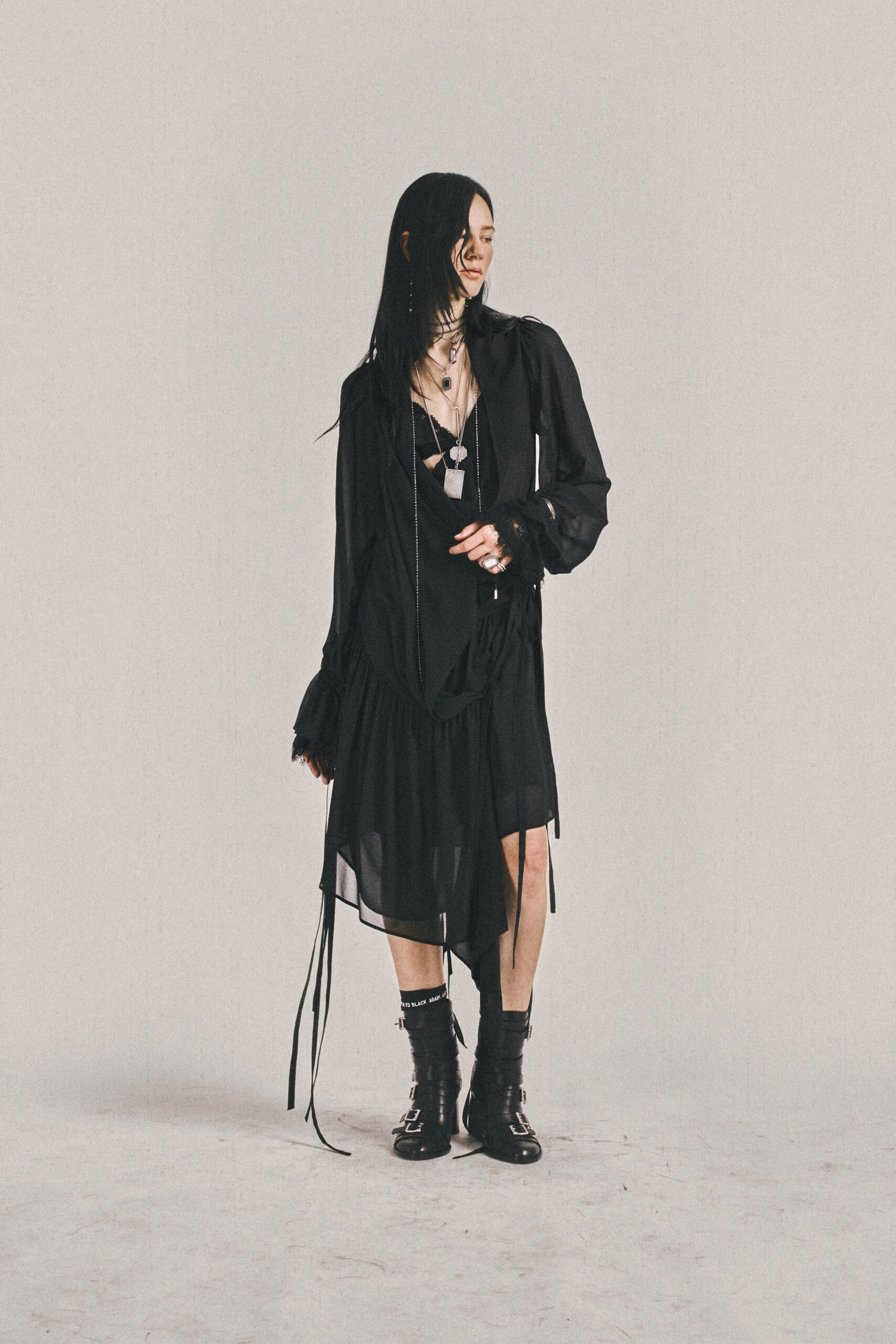 black silk long-sleeve v-neck fitted layered ruffled dress