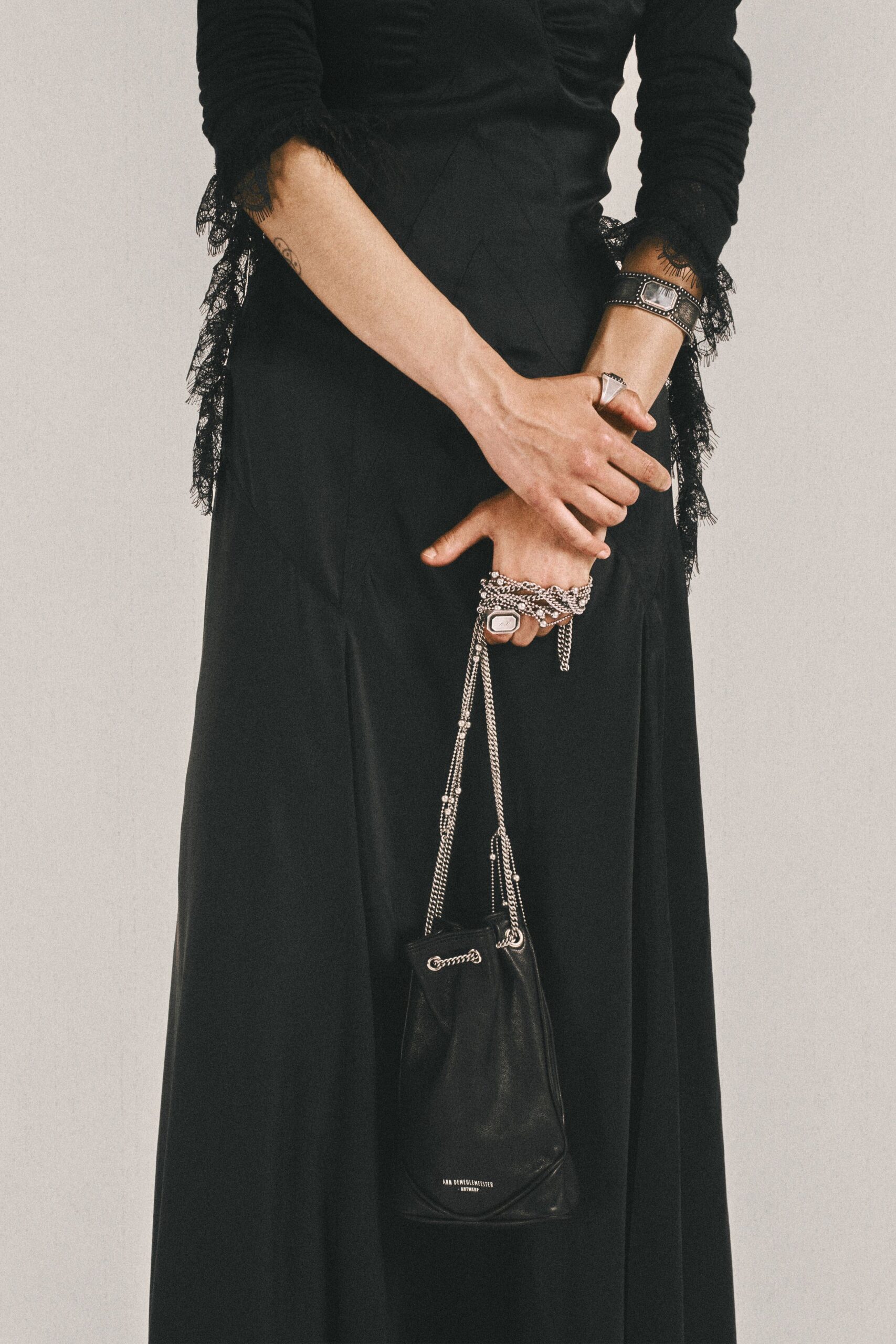 black silk long-sleeve v-neck fitted ruffled maxi dress