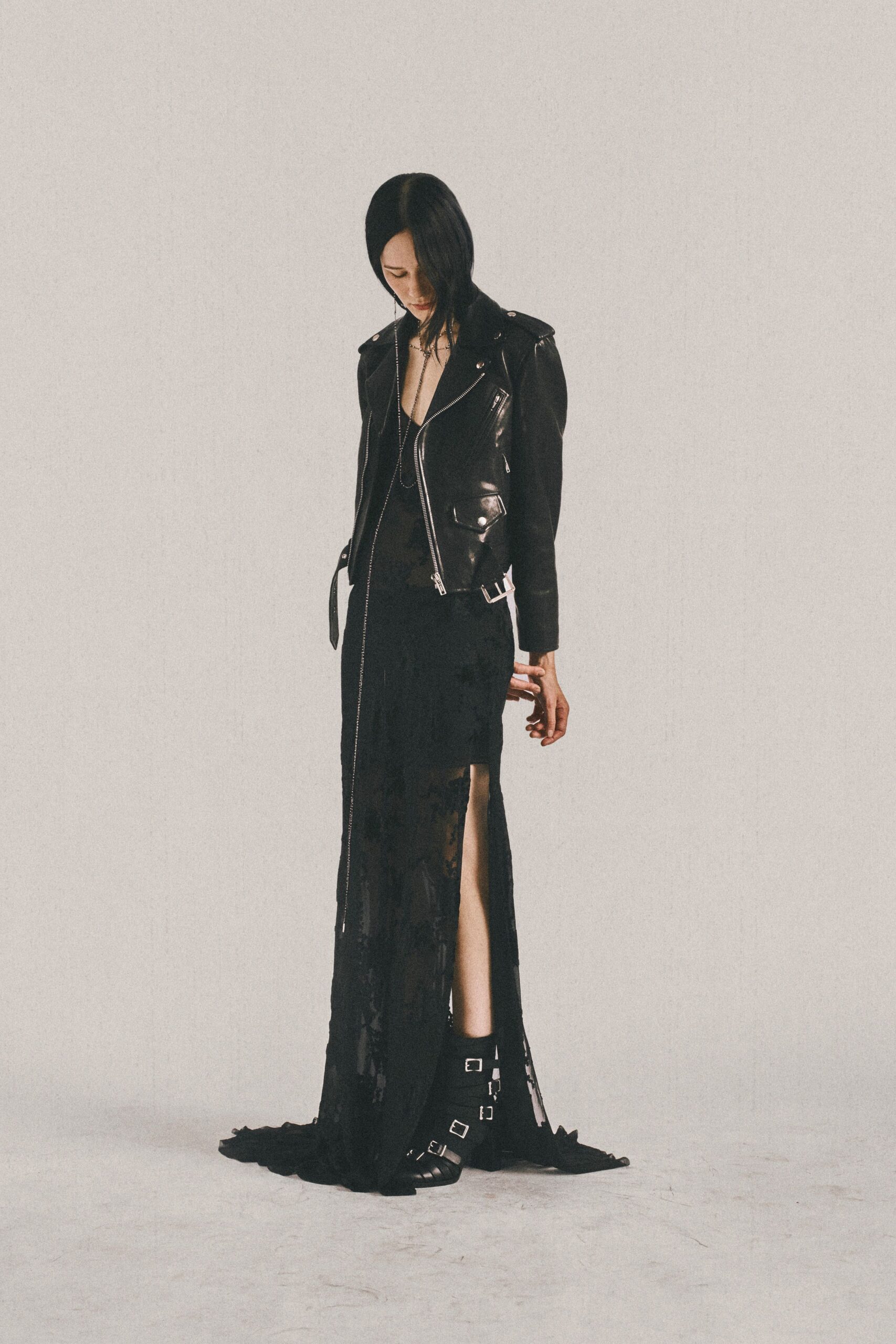 black leather jacket and lace dress