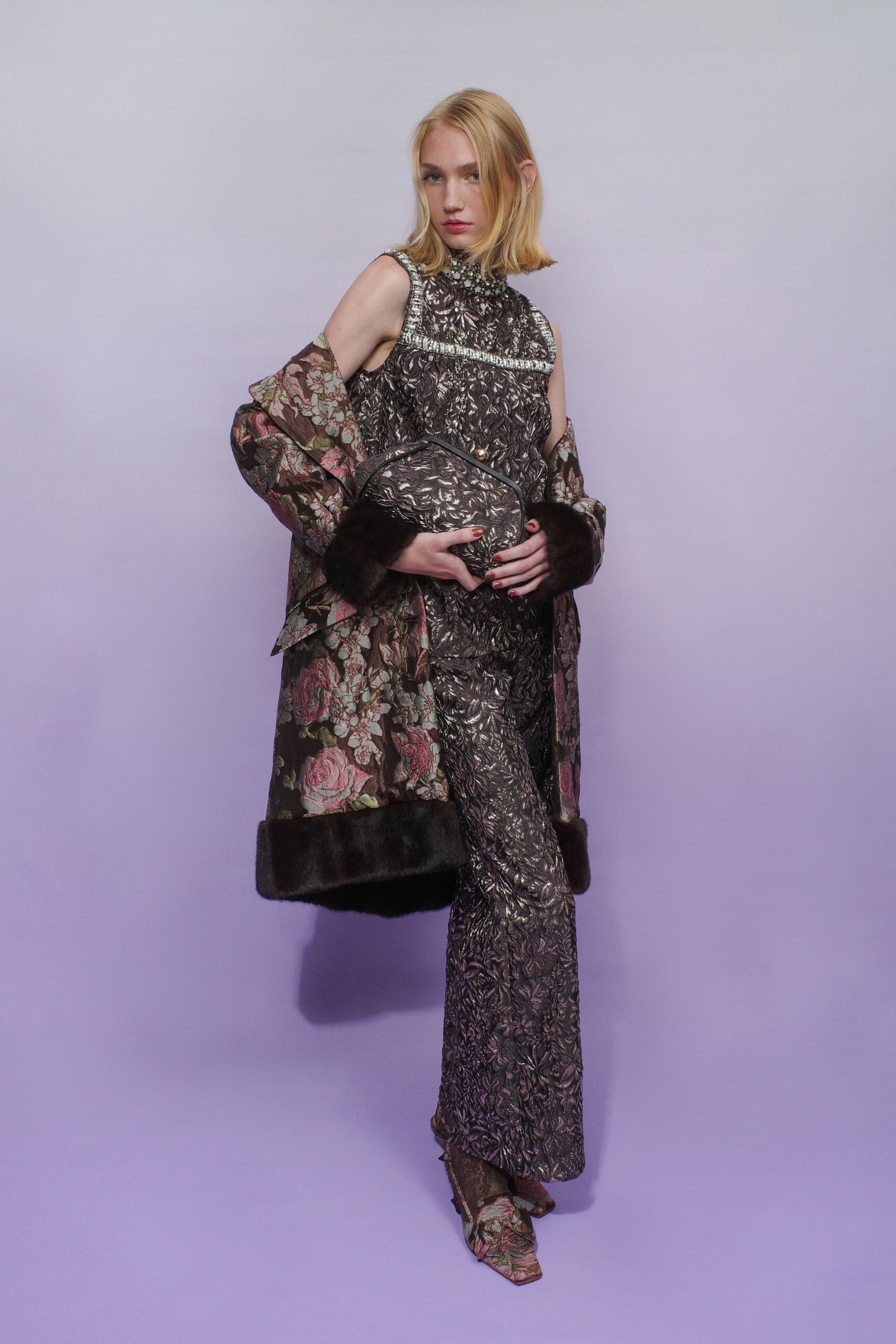 black silk sleeveless high-neck fitted floral embroidered gown