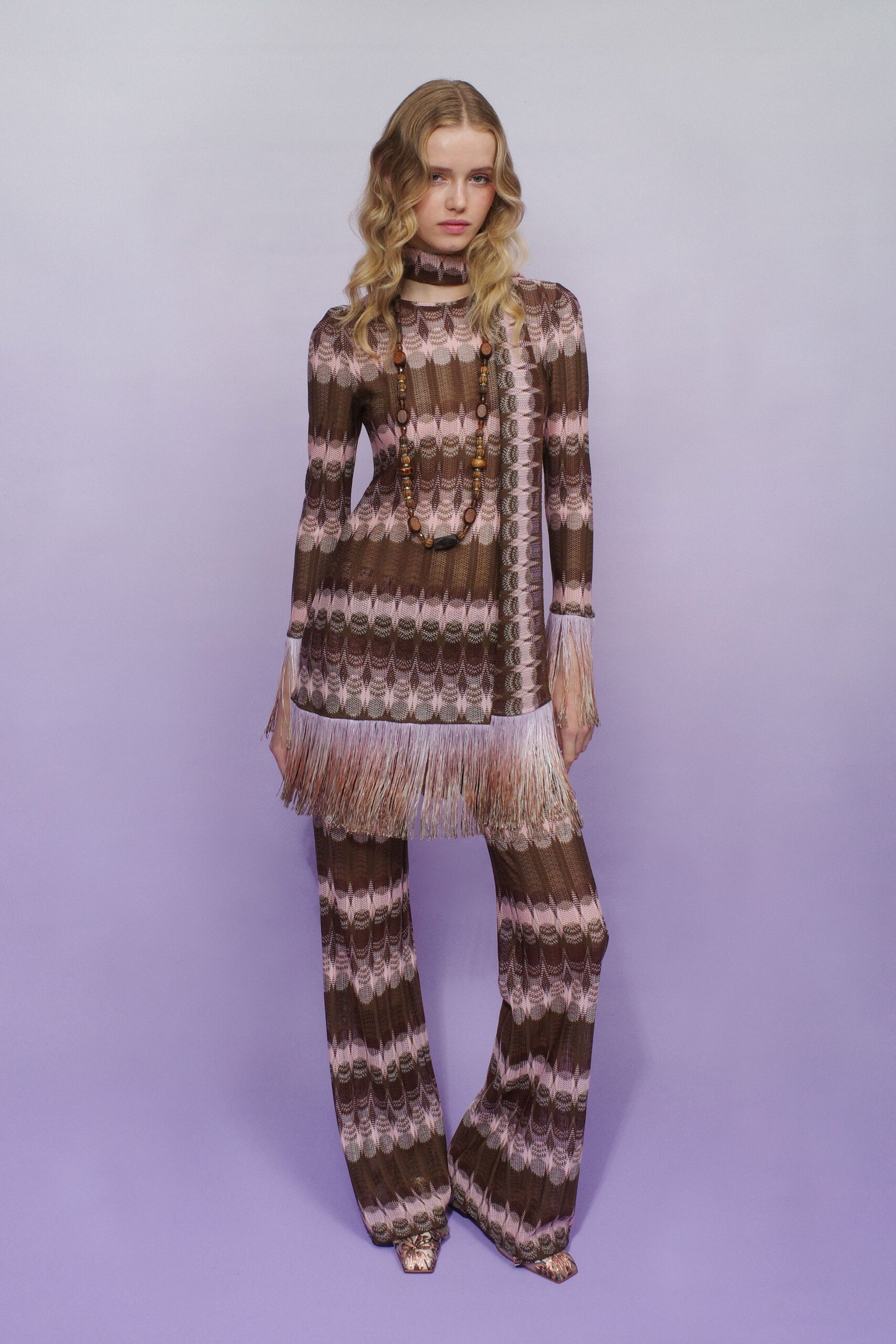 brown silk long-sleeve high-neck fitted fringed printed top